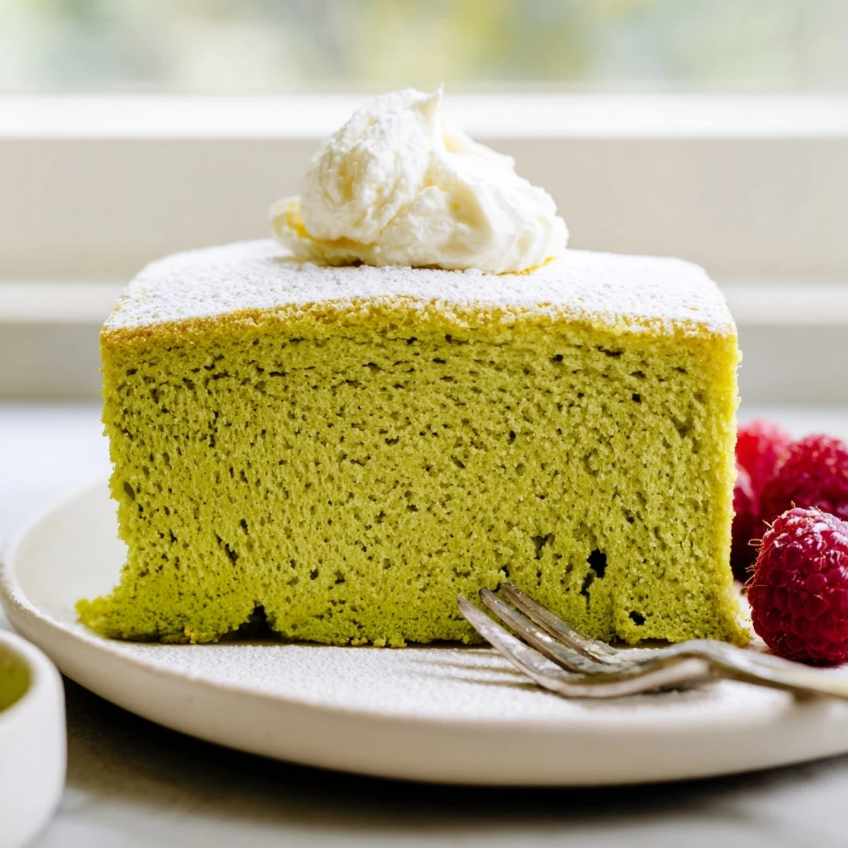 A slice of moist matcha cake with powdered sugar and fresh berries on a white plate.