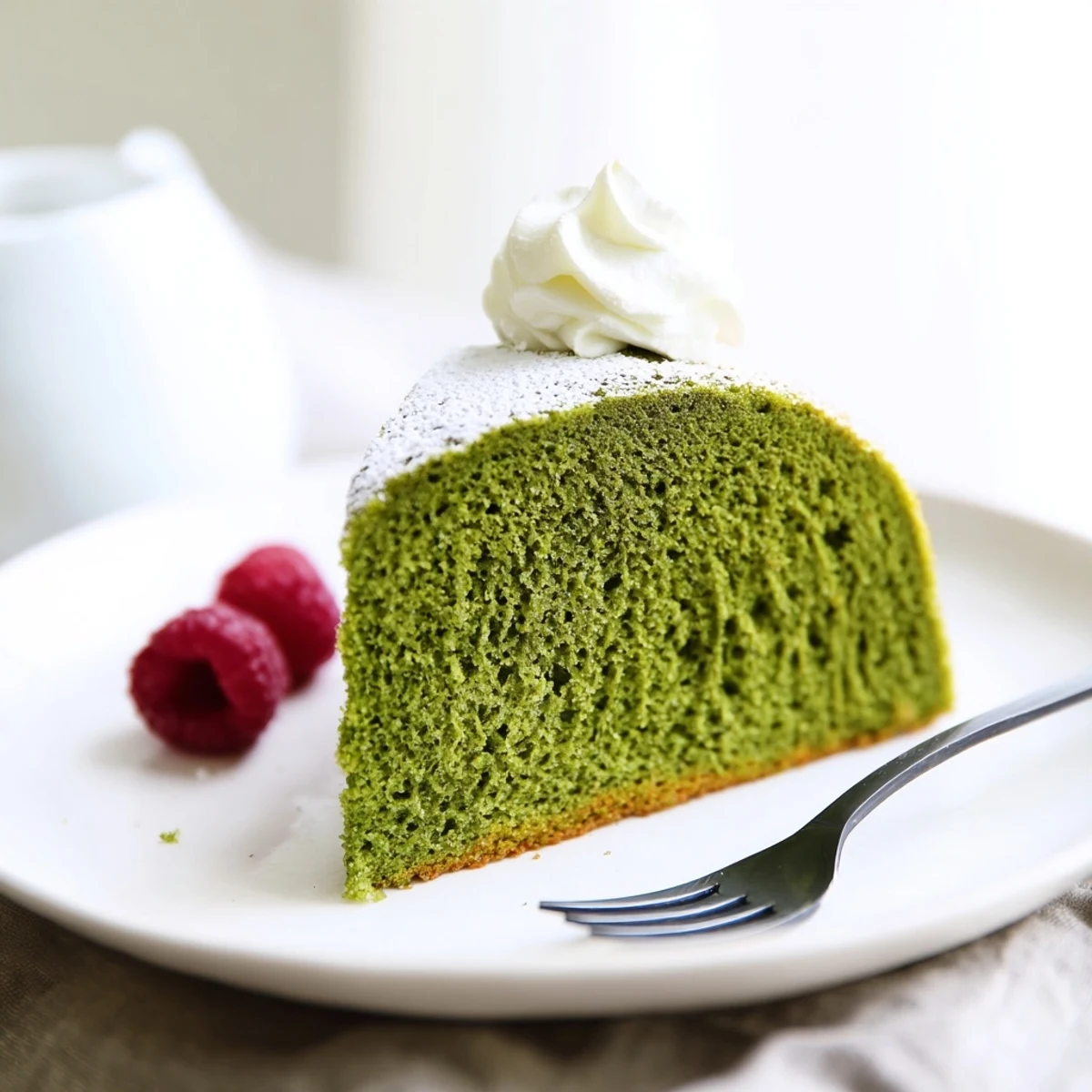 Vibrant green matcha cake cooling on a wire rack with a crackled golden top.