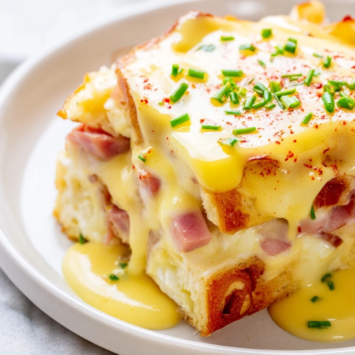 Warm Eggs Benedict casserole sliced into squares showing layers of Canadian bacon and muffins