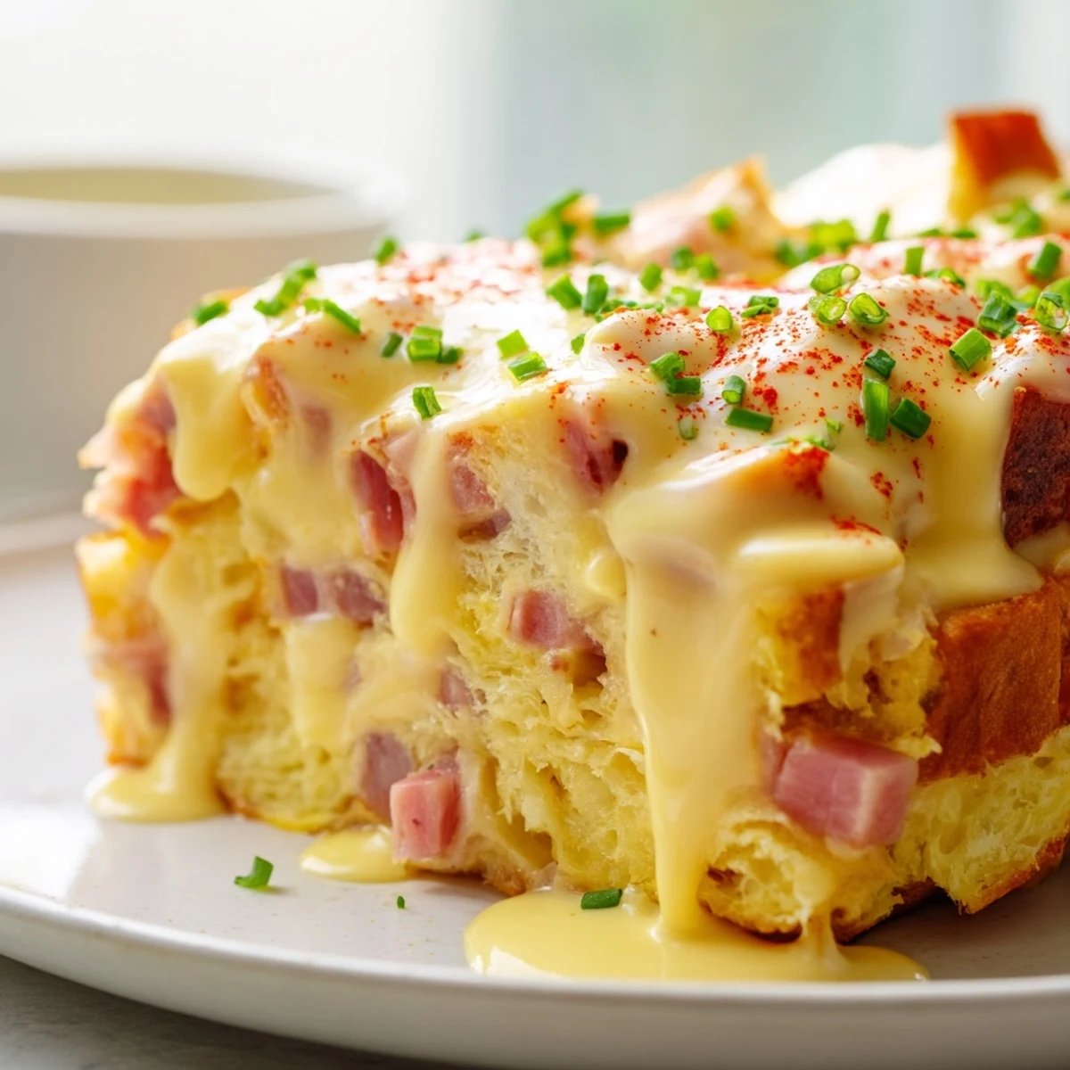 Golden Eggs Benedict casserole topped with creamy hollandaise and fresh chives