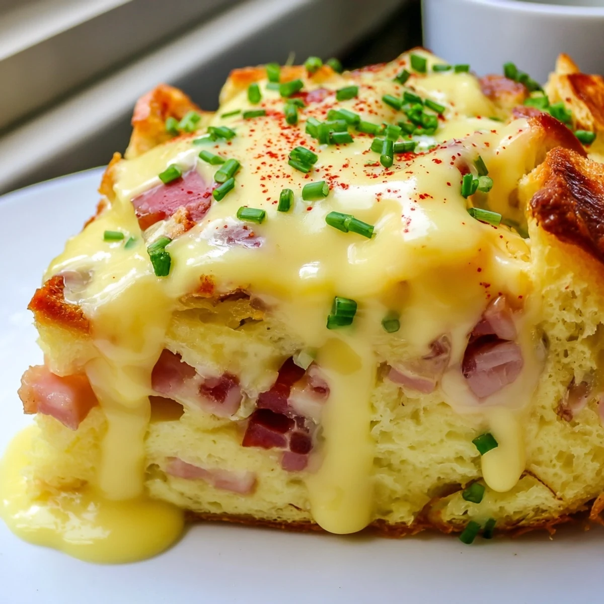 Bubbly Eggs Benedict casserole drizzled with rich yellow hollandaise straight from the oven