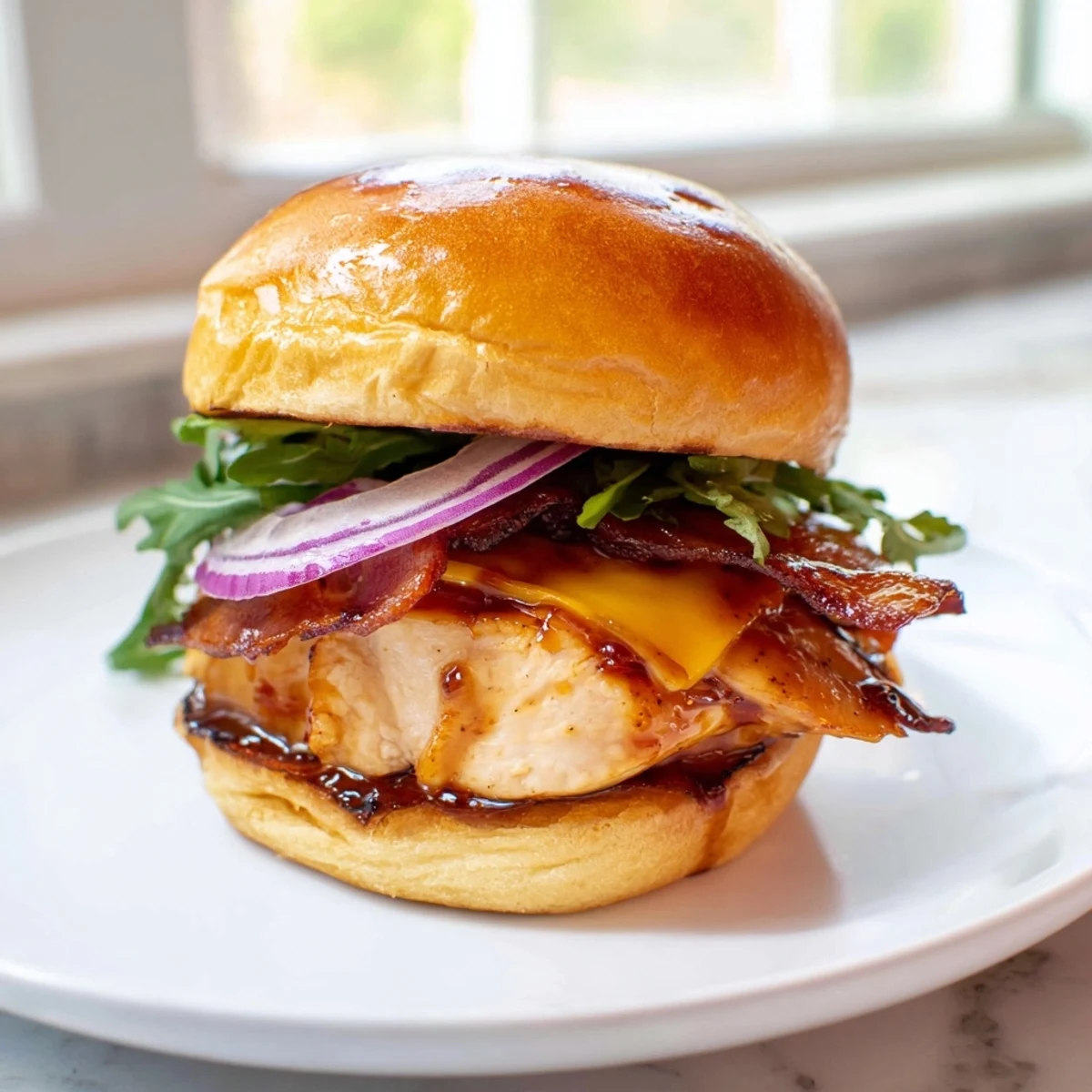 Juicy maple-glazed chicken topped with crispy bacon on a buttery slider bun with onion