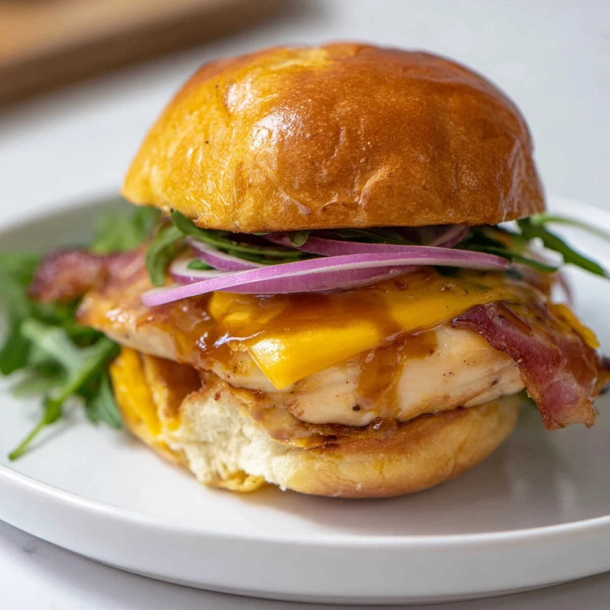 Golden maple chicken bacon sliders stacked on toasted buns with melted cheddar and fresh arugula