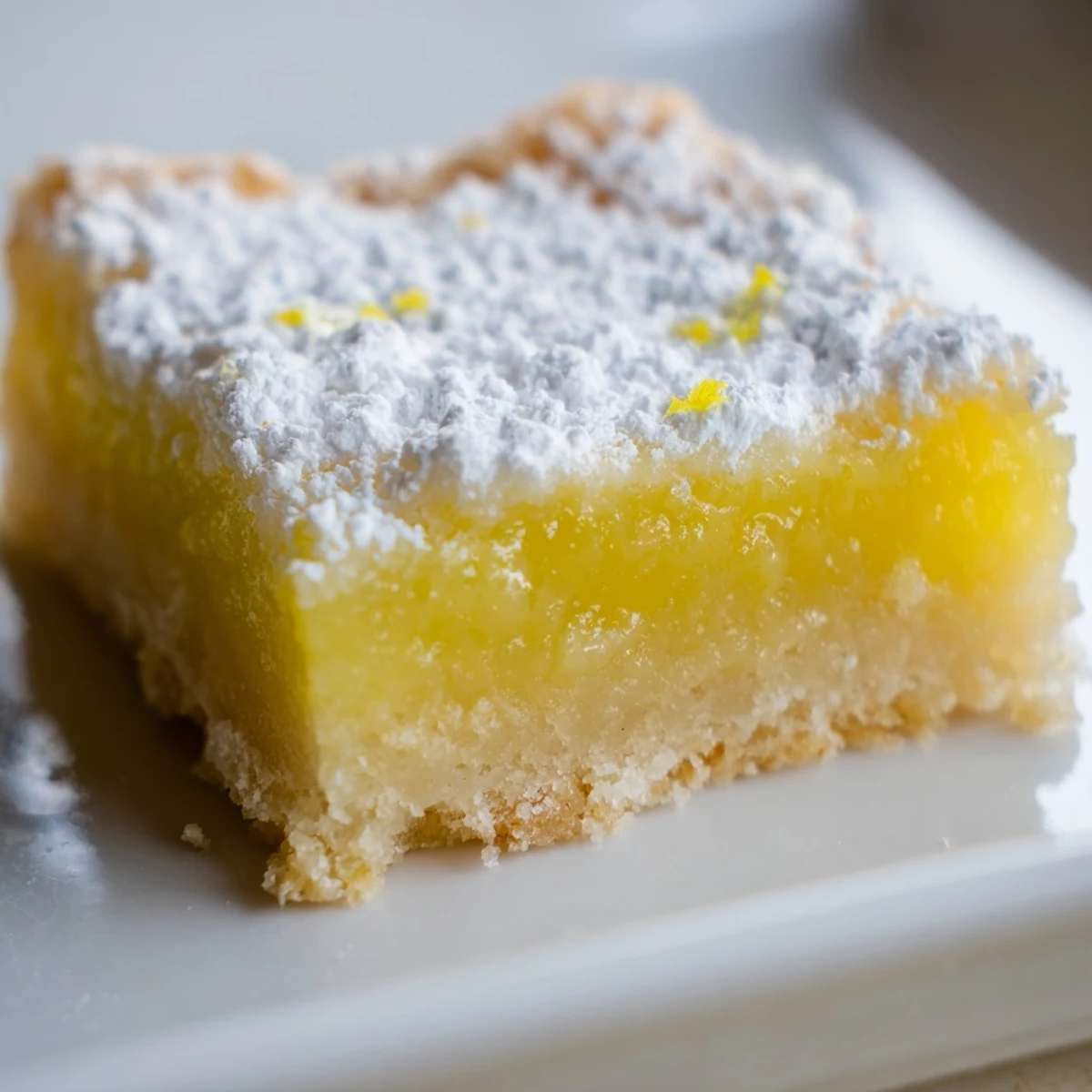 Golden simple lemon bars with powdered sugar on a rustic cutting board