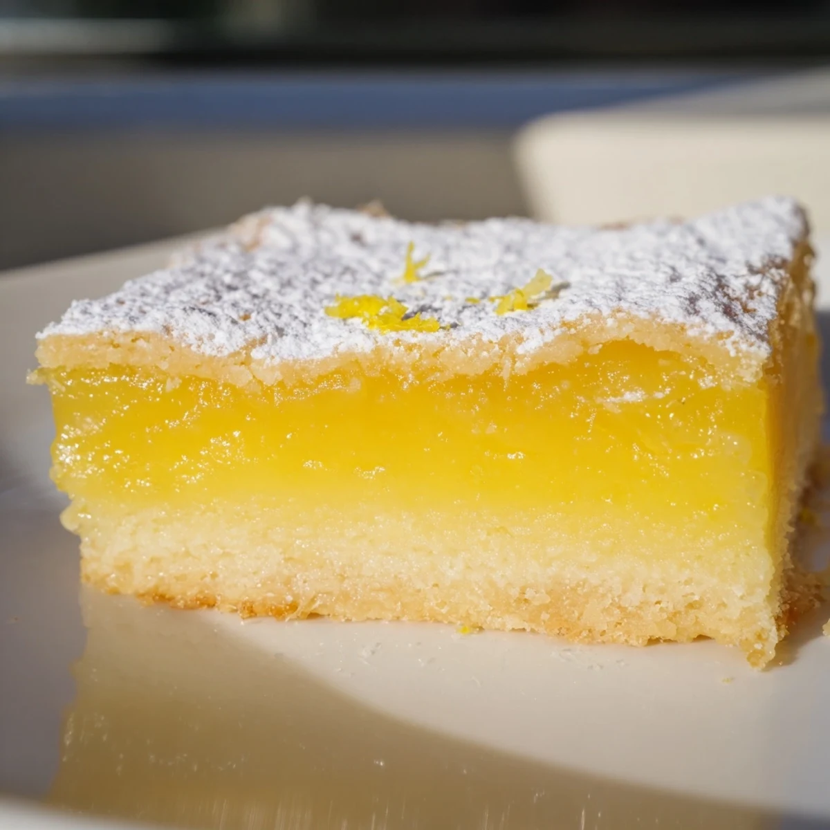 Bright tangy simple lemon bars sliced and dusted with sweet powdered sugar