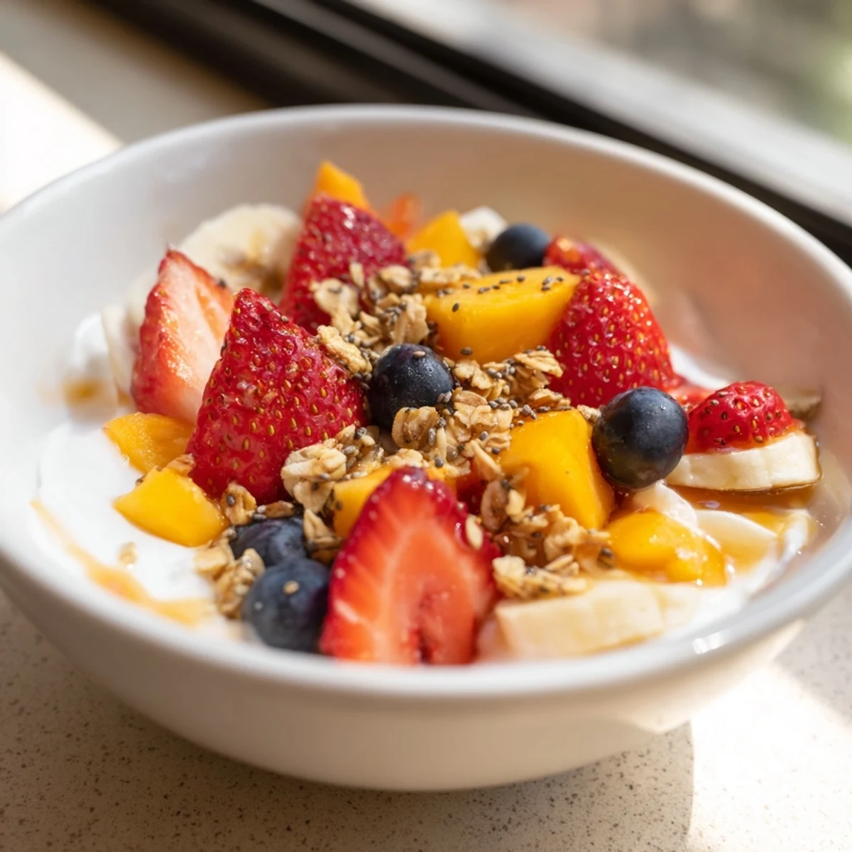 Creamy yogurt fruit bowl topped with colorful berries, mango, and crunchy granola