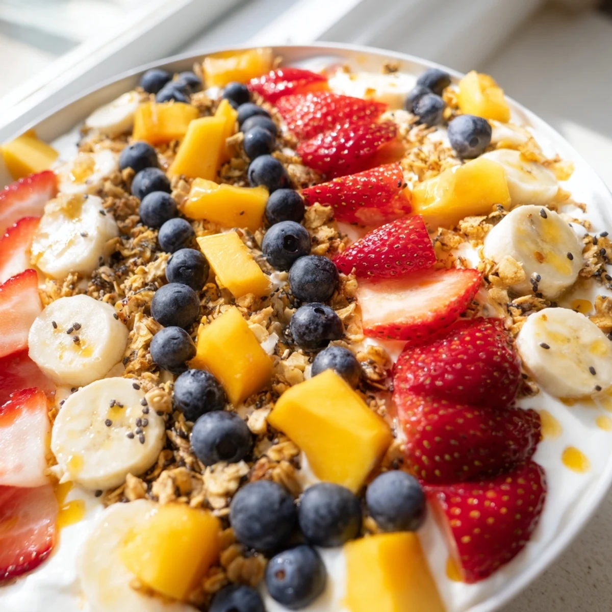 Vibrant yogurt fruit bowl drizzled with honey and sprinkled with chia seeds