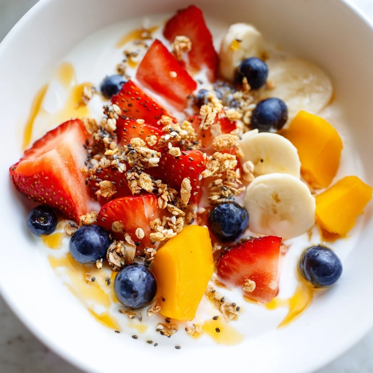 Fresh yogurt fruit bowl featuring sliced strawberries, banana, and blueberry toppings