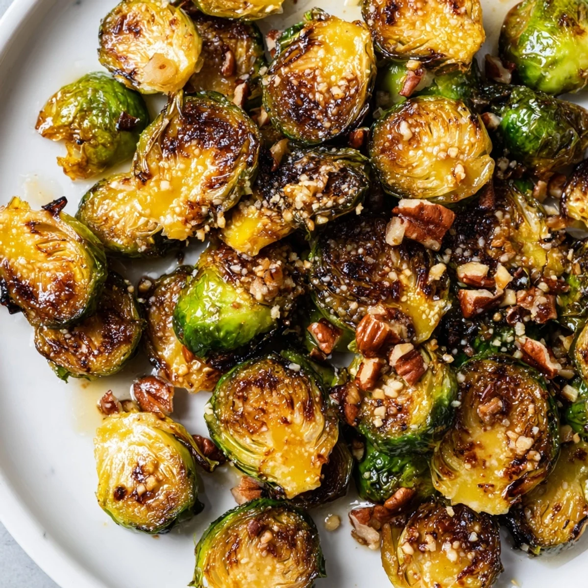 Crispy honey balsamic Brussels sprouts roasted golden on a parchment-lined baking sheet