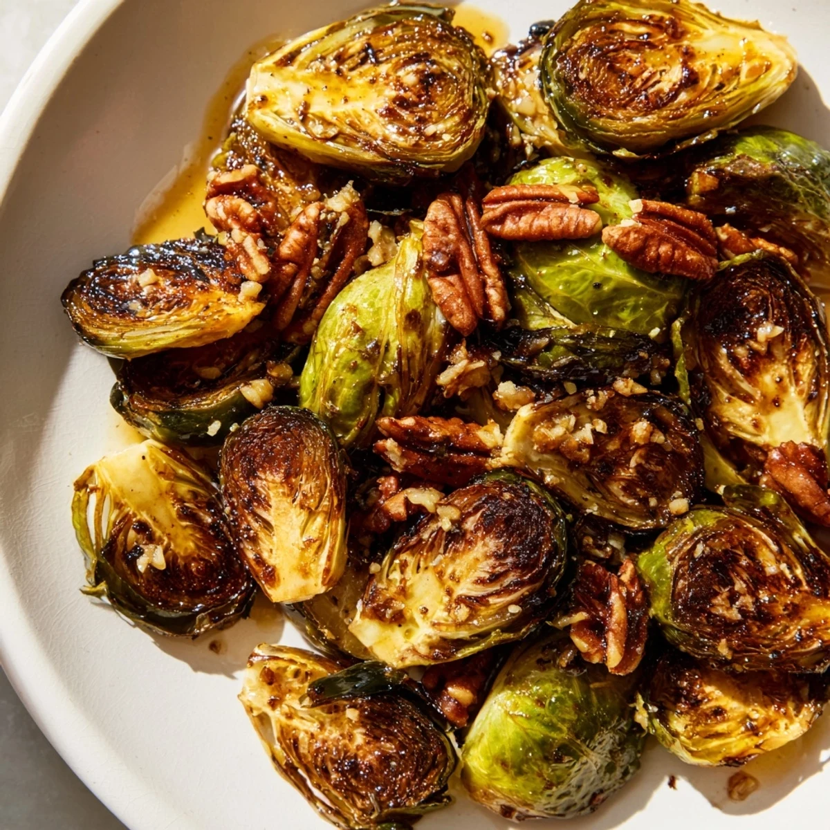 Caramelized honey balsamic Brussels sprouts served in a rustic dish with Parmesan garnish