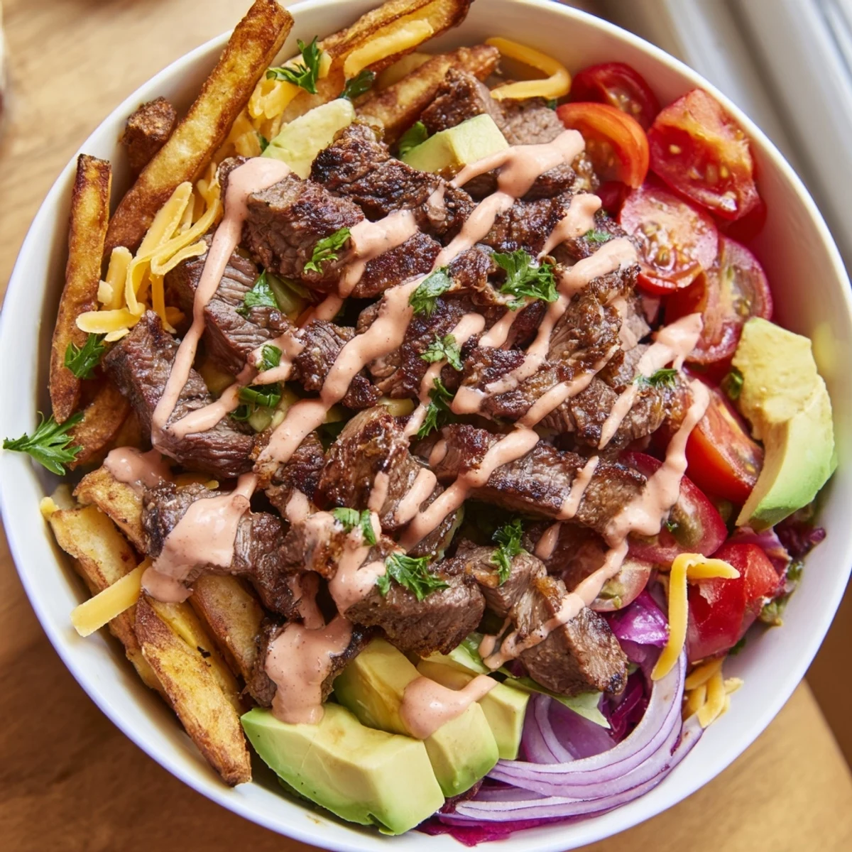 Tender seared steak strips piled over golden fries with avocado and melted cheddar
