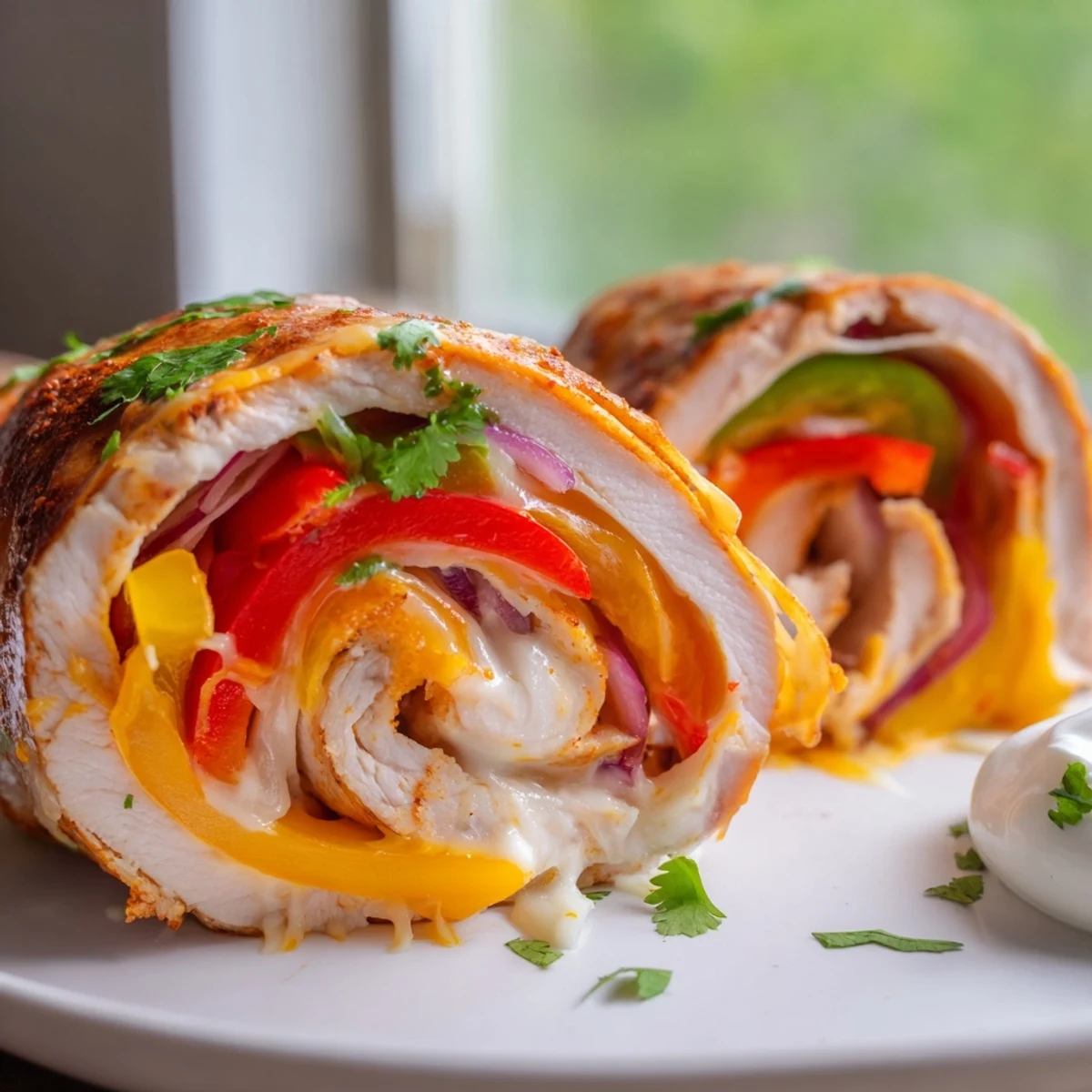 Golden baked chicken fajita roll ups with melted cheese and colorful peppers