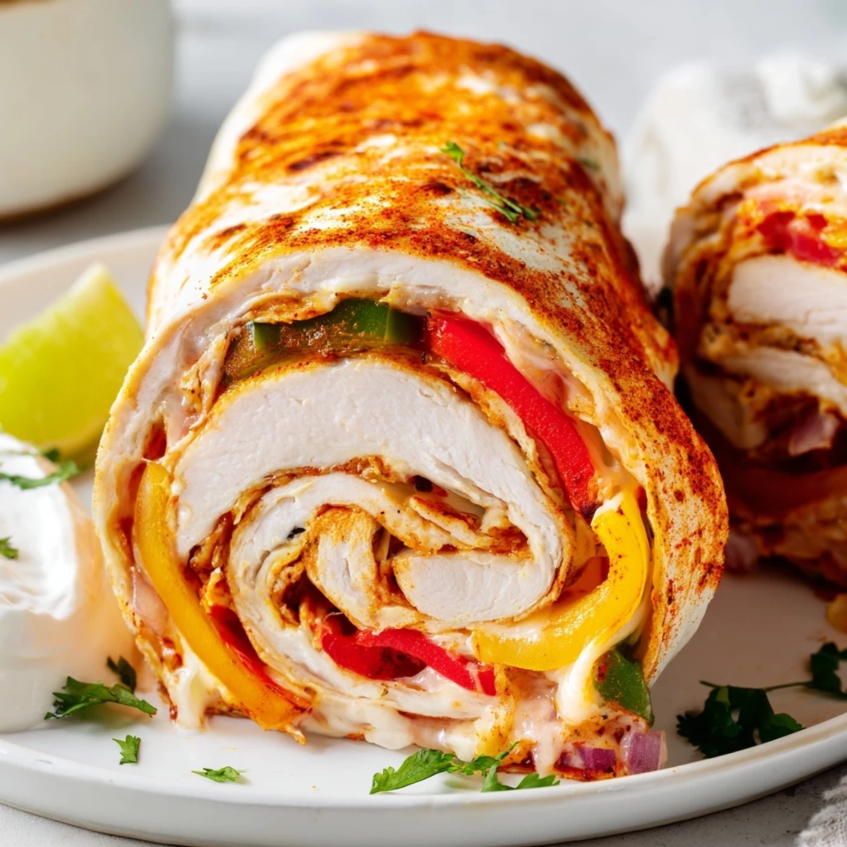 Baked chicken fajita roll ups sliced open revealing tender meat and bubbling Monterey Jack