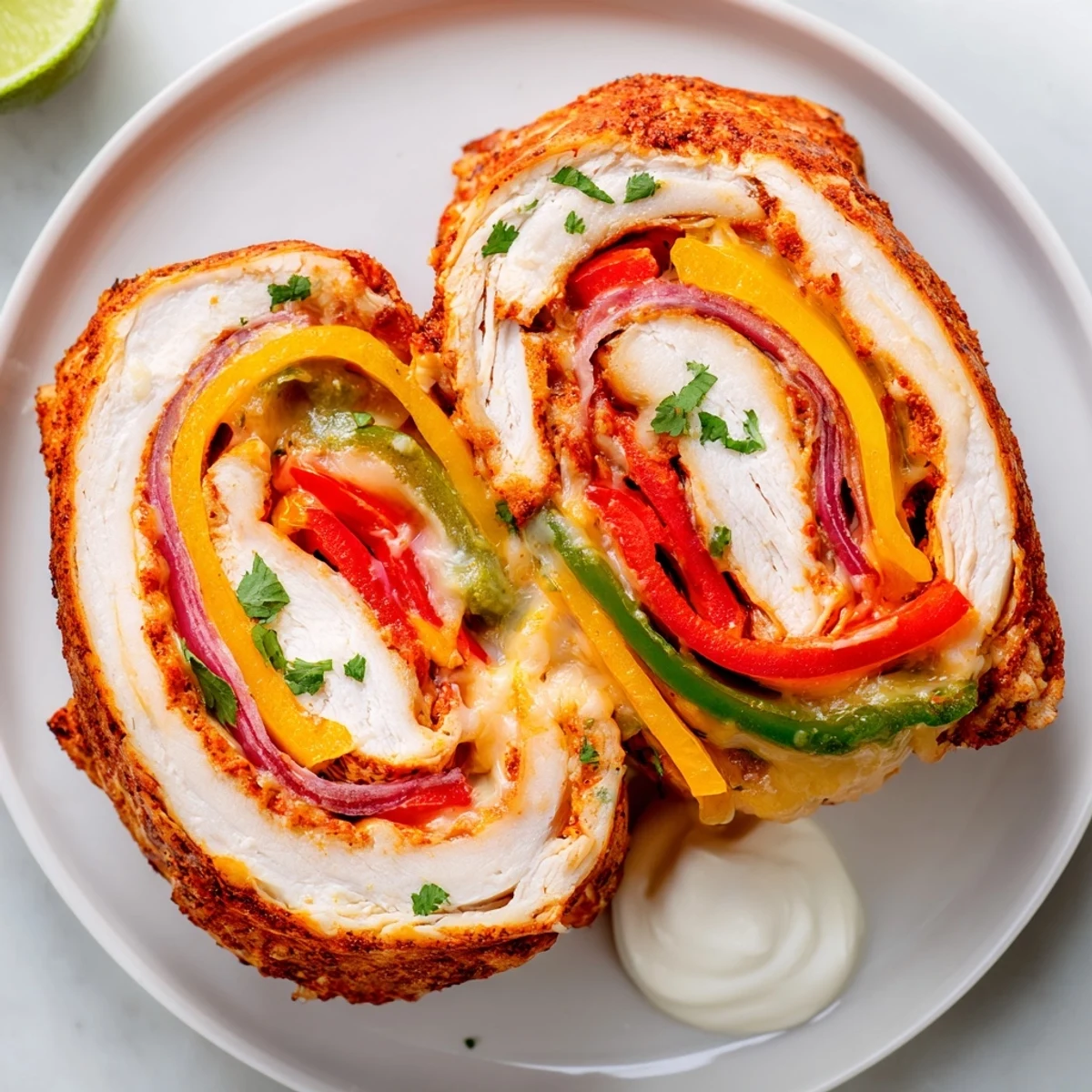Juicy baked chicken fajita roll ups garnished with fresh cilantro and lime wedges