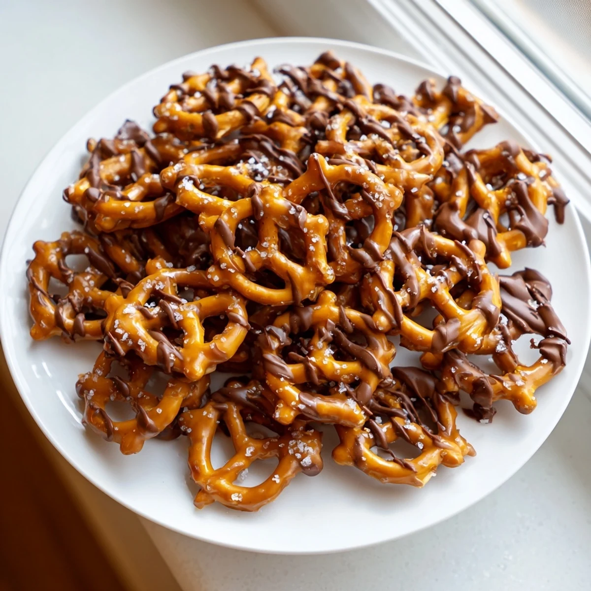 Sweet and salty butter toffee pretzels piled in a bowl, topped with flaky sea salt.
