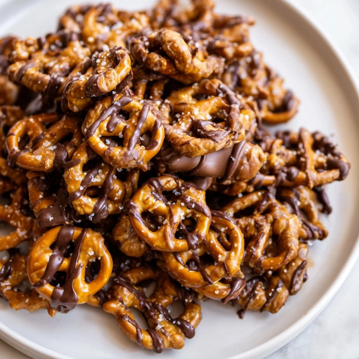 Golden butter toffee pretzels drizzled with rich chocolate on a parchment-lined baking sheet.