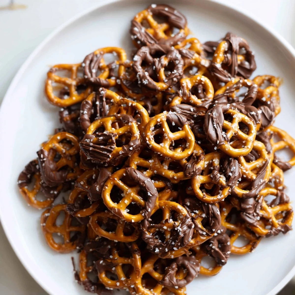 Crunchy butter toffee pretzels glistening with caramel coating and a sweet chocolate drizzle.
