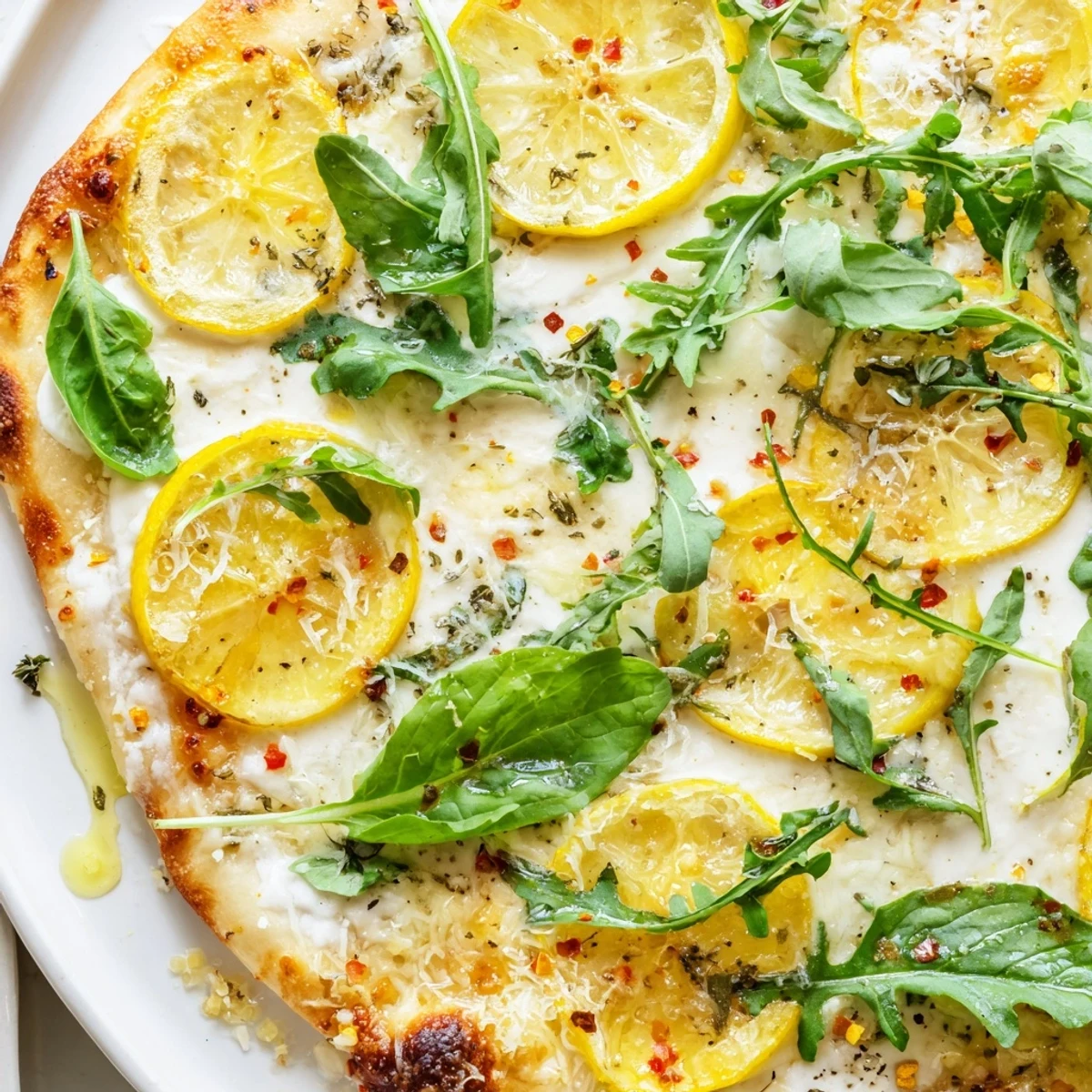 Golden Zesty Summer Lemon Pizza topped with creamy mozzarella and fresh arugula leaves