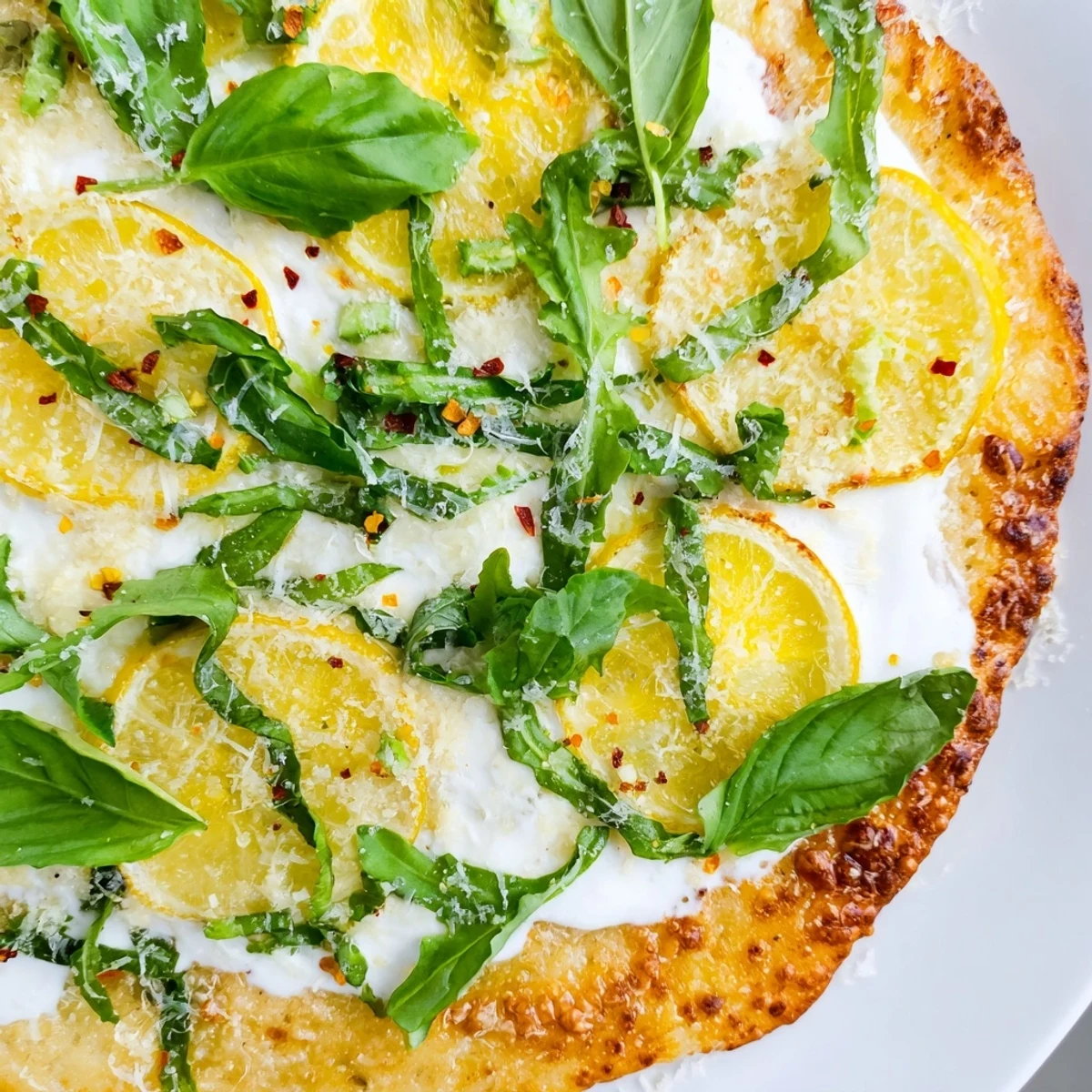 Thin lemon slices and bubbling cheese on a homemade Zesty Summer Lemon Pizza