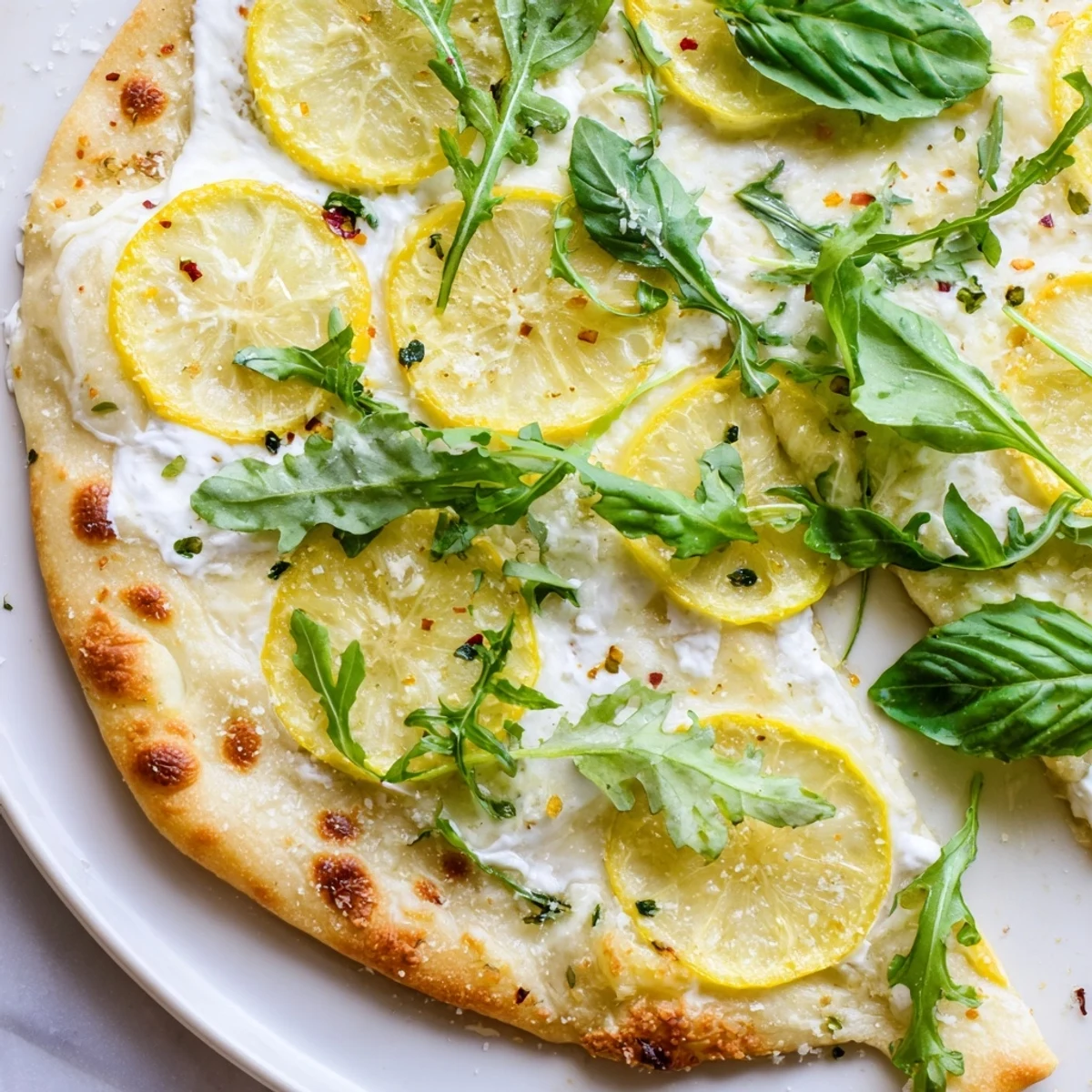 Zesty Summer Lemon Pizza fresh from the oven with herbs and melted Parmesan