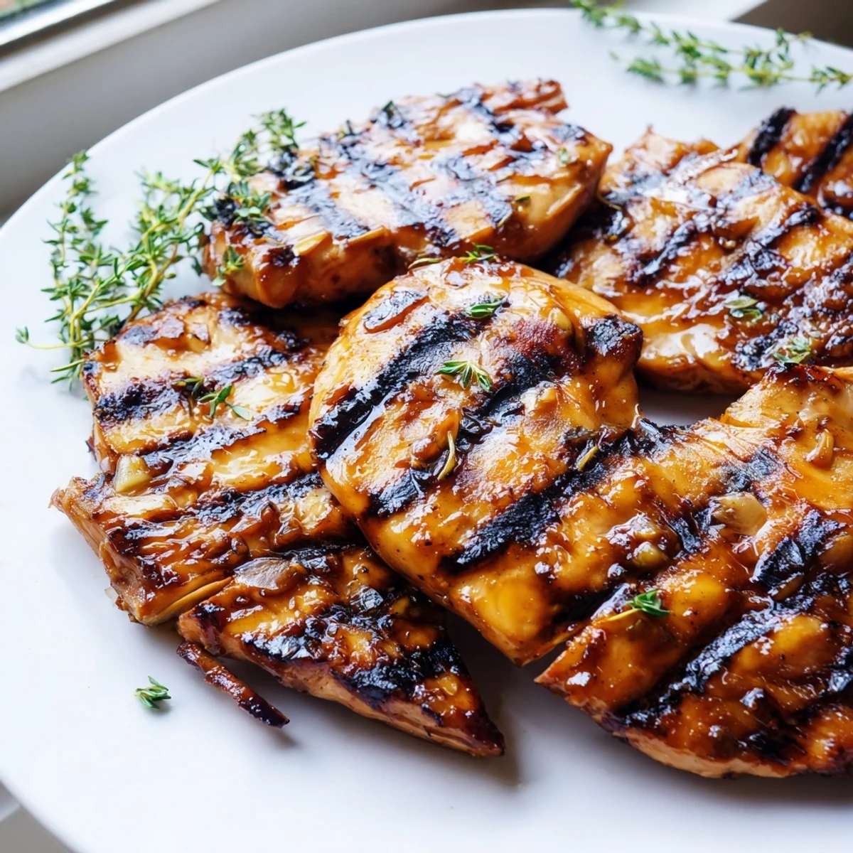 Golden Maple Dijon Grilled Chicken with caramelized glaze resting on a white platter