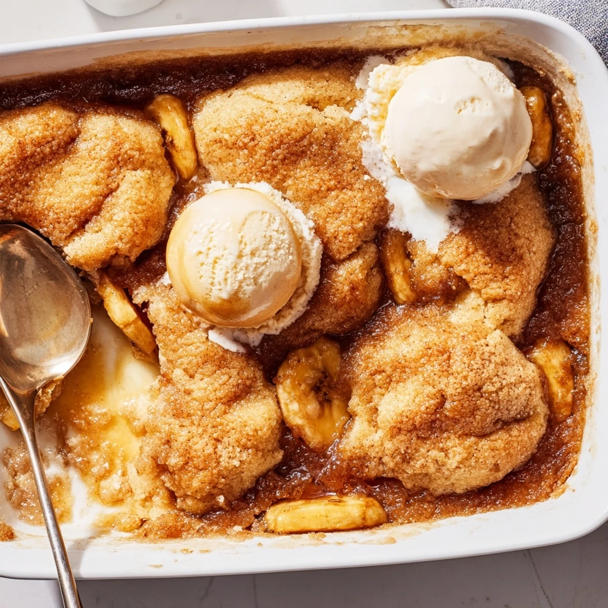 Warm Southern banana cobbler served in a rustic baking dish with melty ice cream