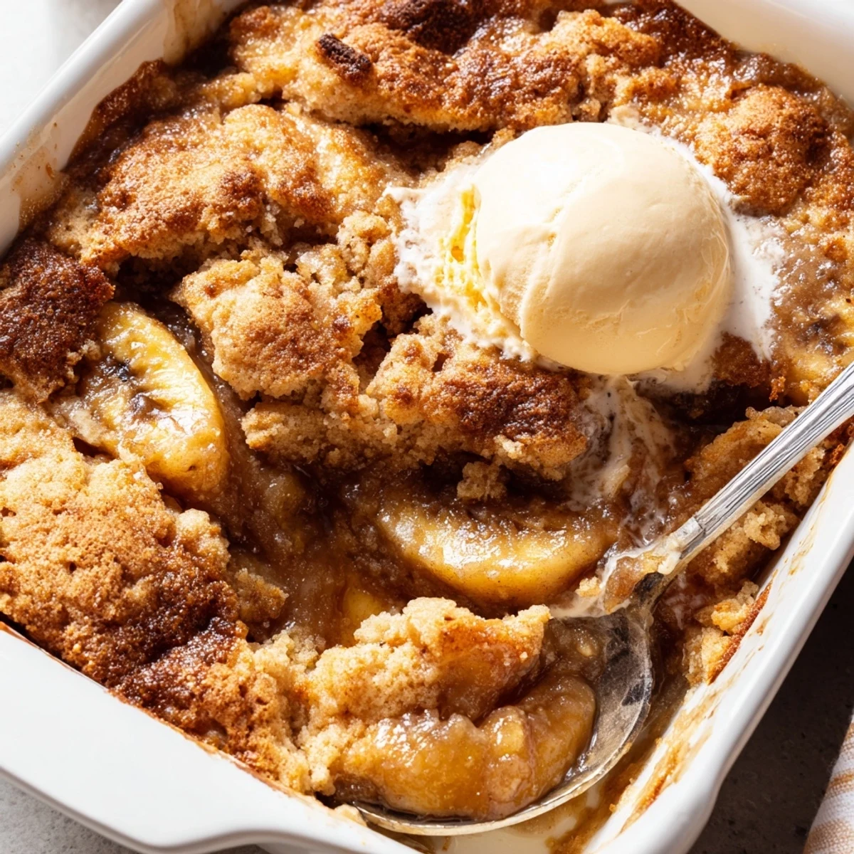 Golden Southern banana cobbler with caramelized fruit bubbling under a buttery crust
