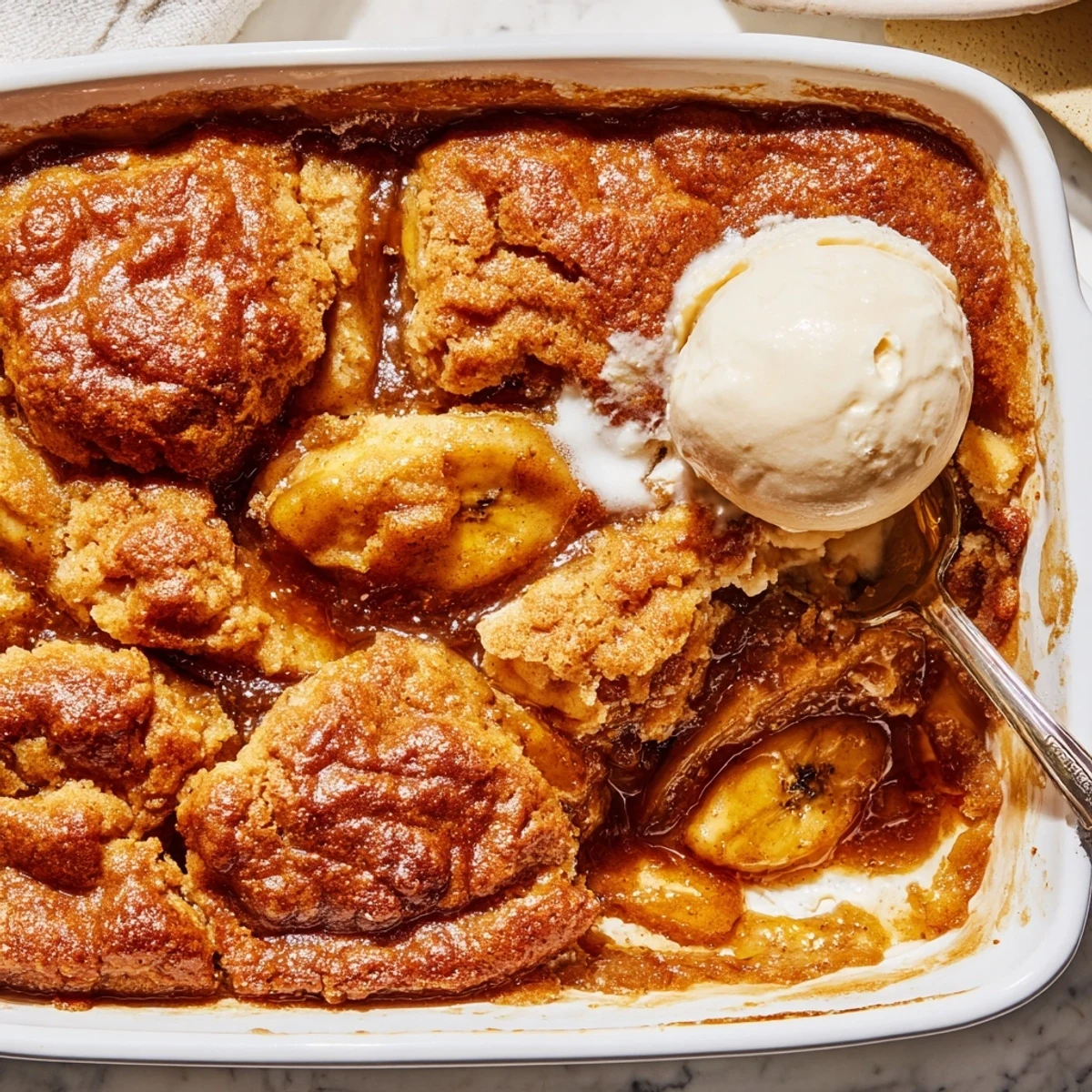 Cinnamon-spiced Southern banana cobbler featuring tender caramelized bananas and a golden biscuit topping