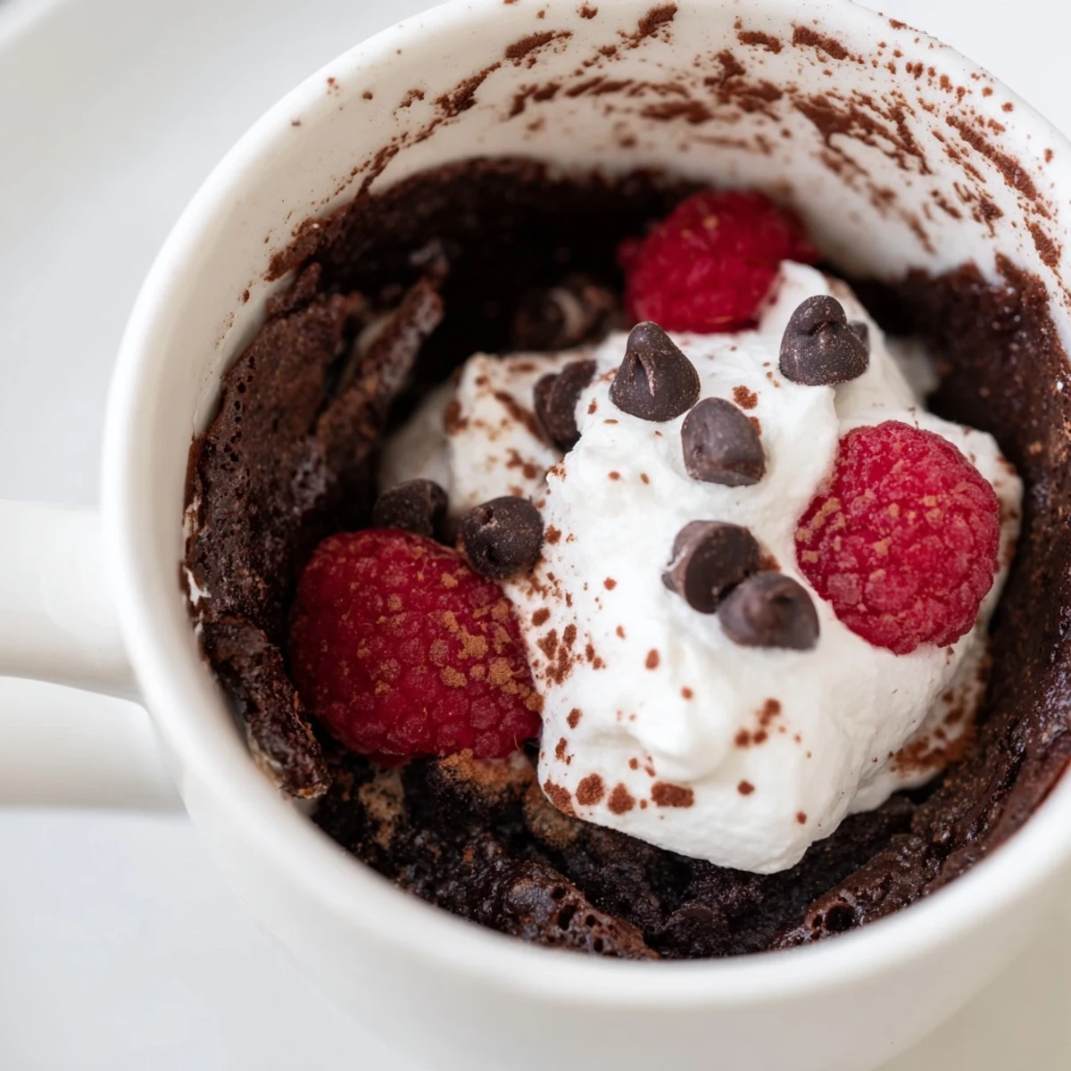 Warm gluten free chocolate mug cake topped with a dollop of whipped cream