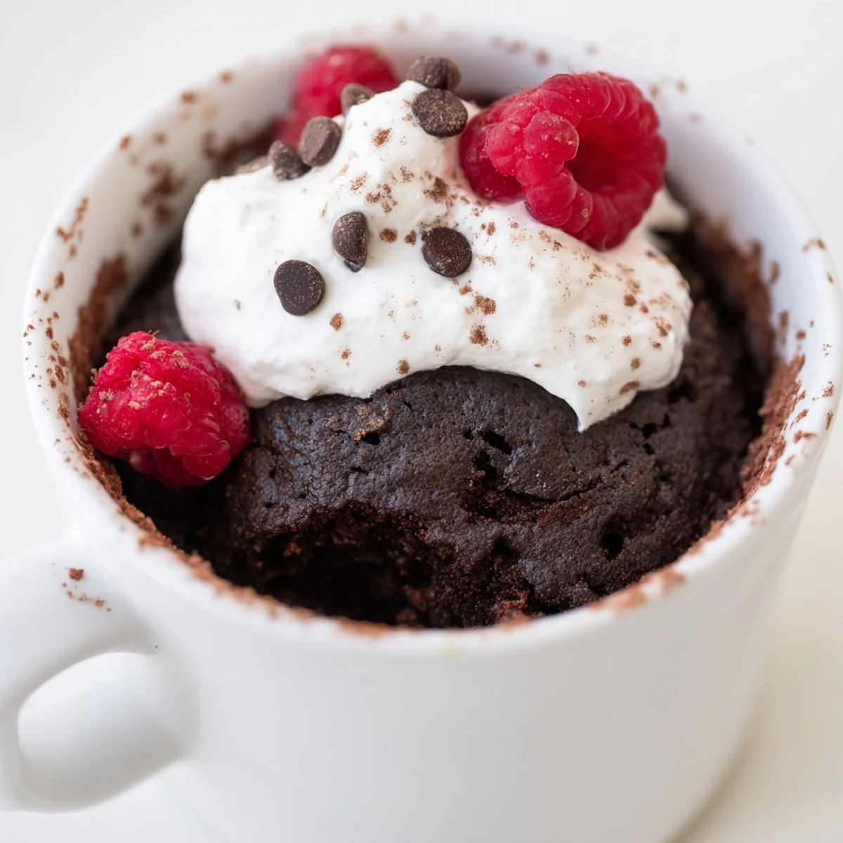 Fudgy gluten free chocolate mug cake fresh from the microwave in a ceramic mug