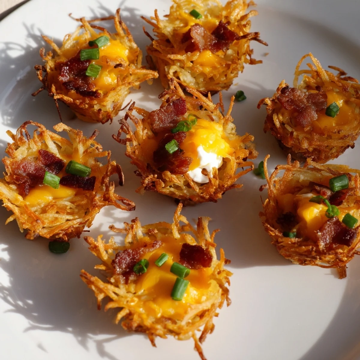 Golden cheesy loaded hashbrown bites with melted cheddar and crispy bacon edges