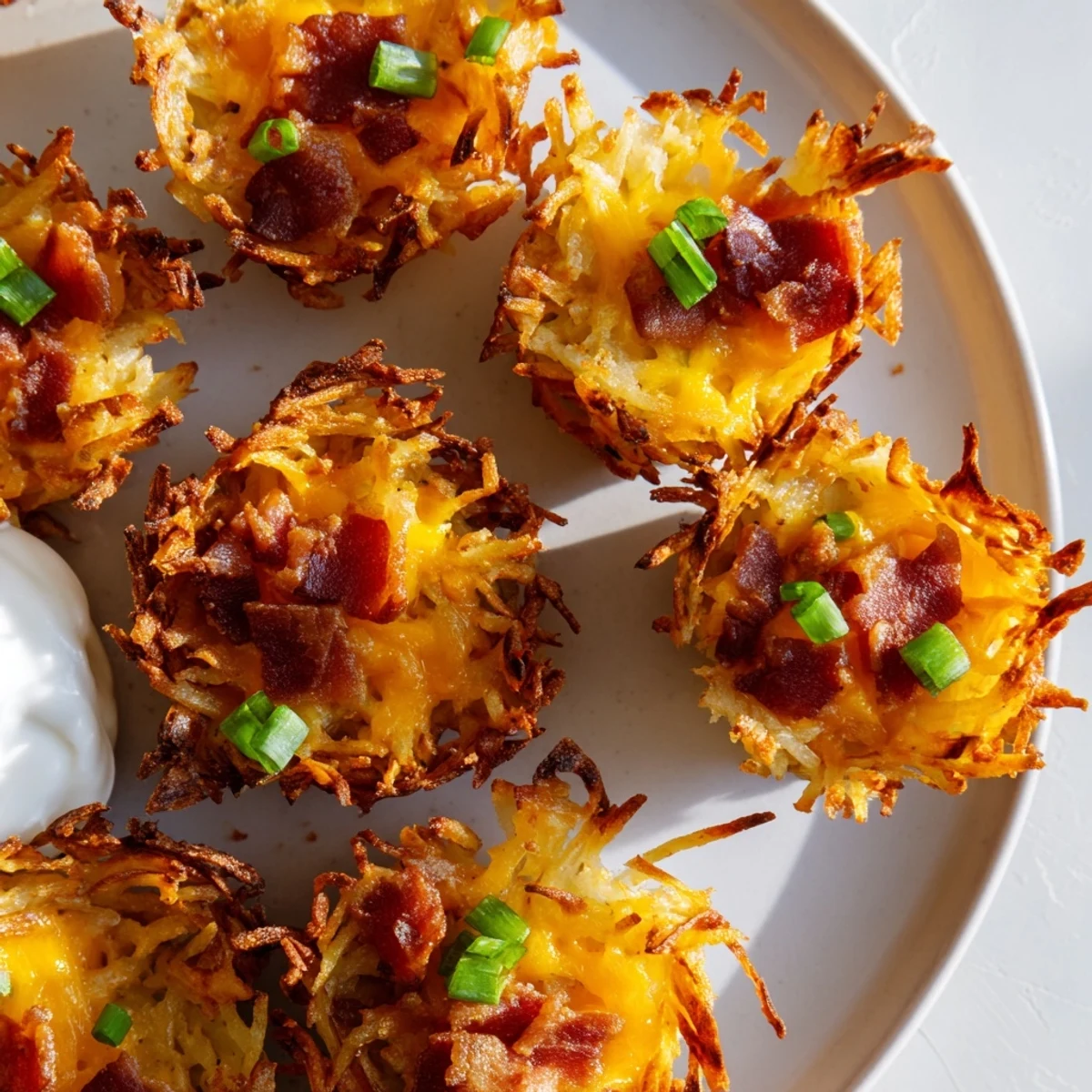 Crispy cheesy loaded hashbrown bites topped with green onions and gooey cheese