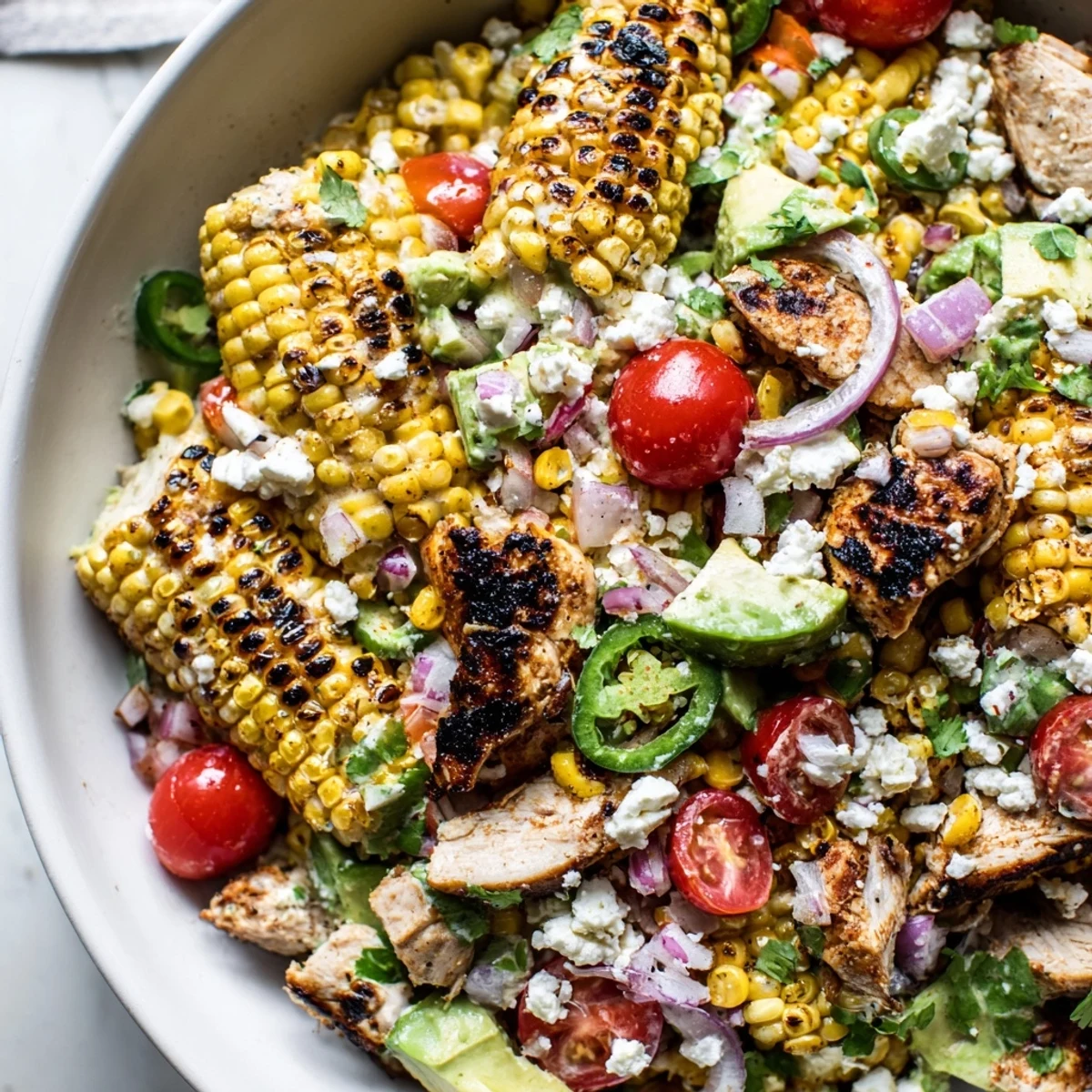 Creamy High Protein Chicken Street Corn Salad loaded with charred corn and grilled chicken