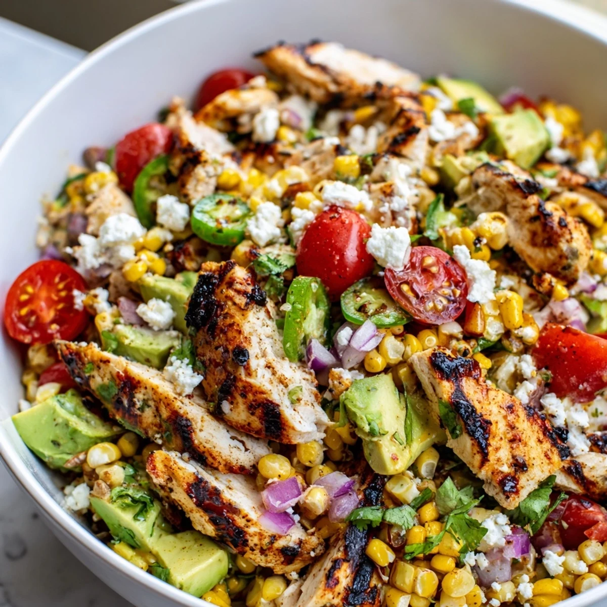 High Protein Chicken Street Corn Salad in a rustic bowl garnished with cilantro and lime