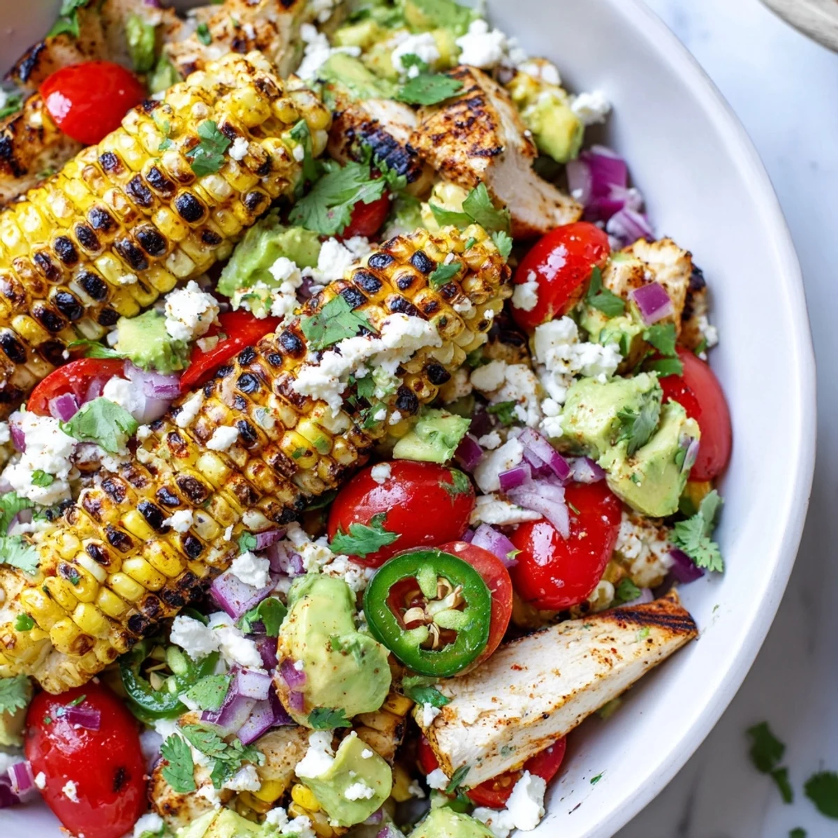 High Protein Chicken Street Corn Salad topped with crumbled cotija cheese and fresh avocado
