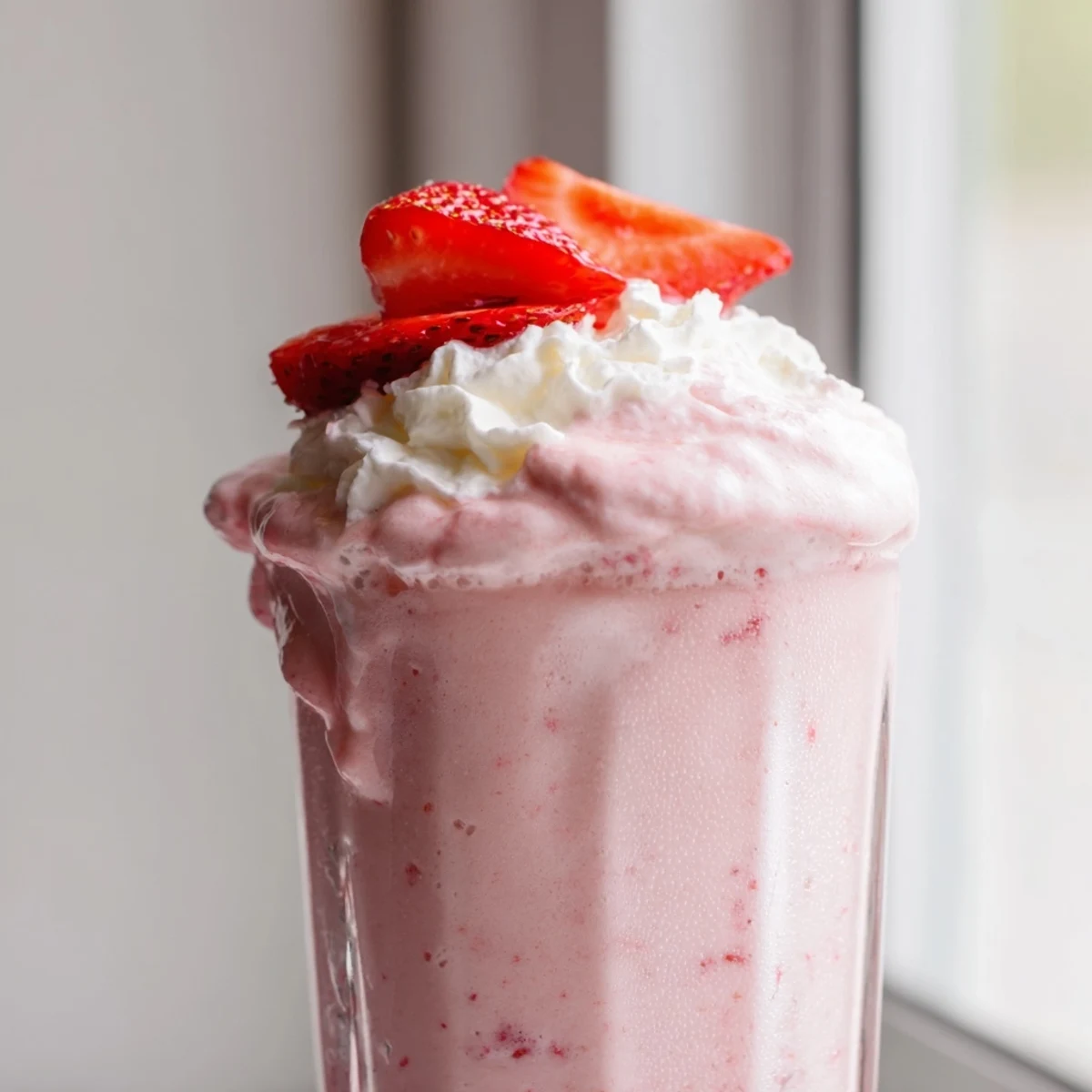 Creamy strawberry milkshake topped with whipped cream and fresh berry slices
