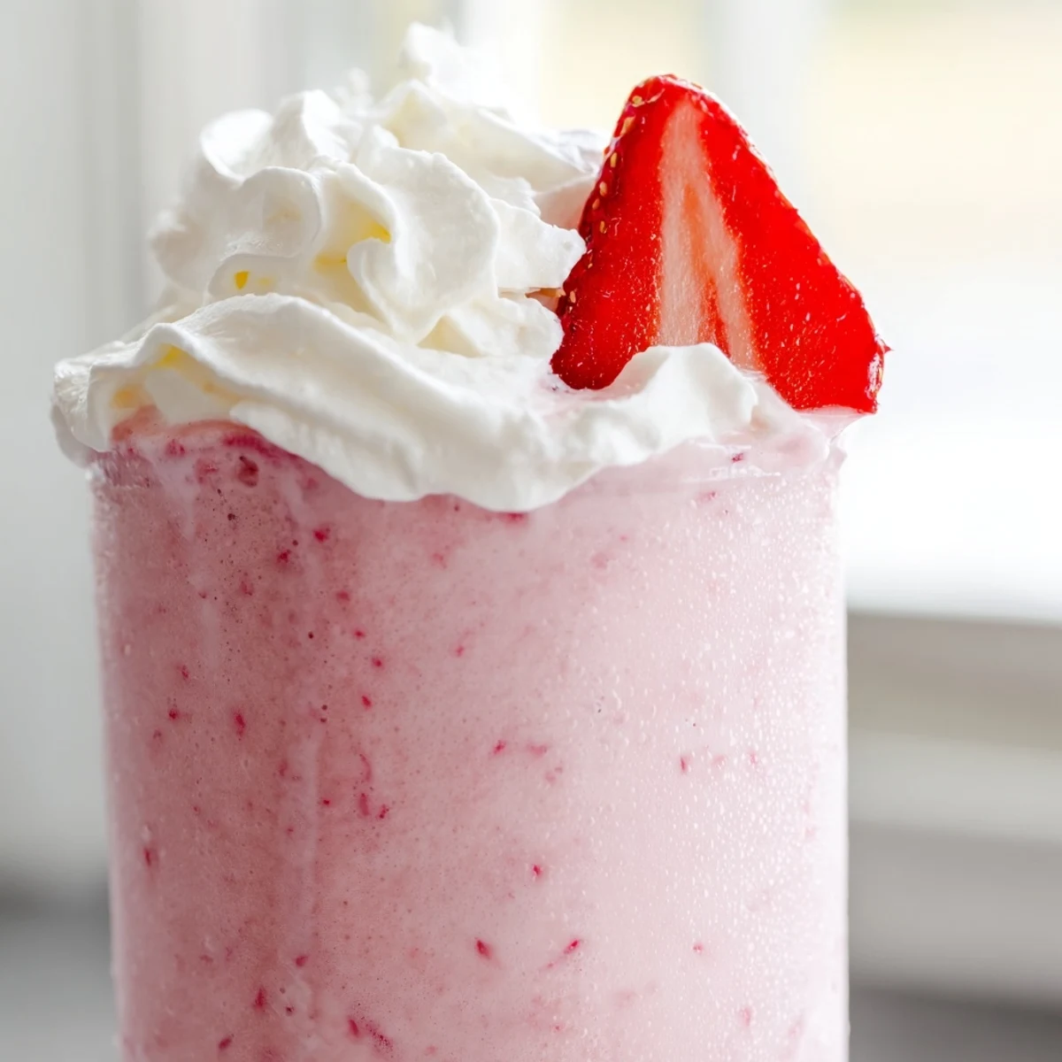 Thick pink strawberry milkshake served in a chilled glass with straw