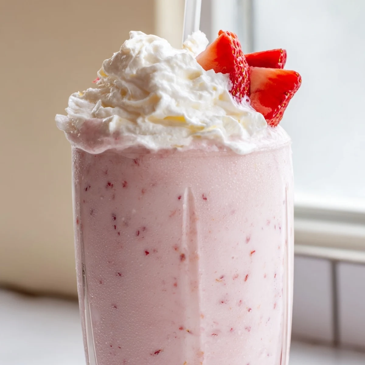 Rich strawberry milkshake garnished with fluffy whipped cream and ripe strawberries