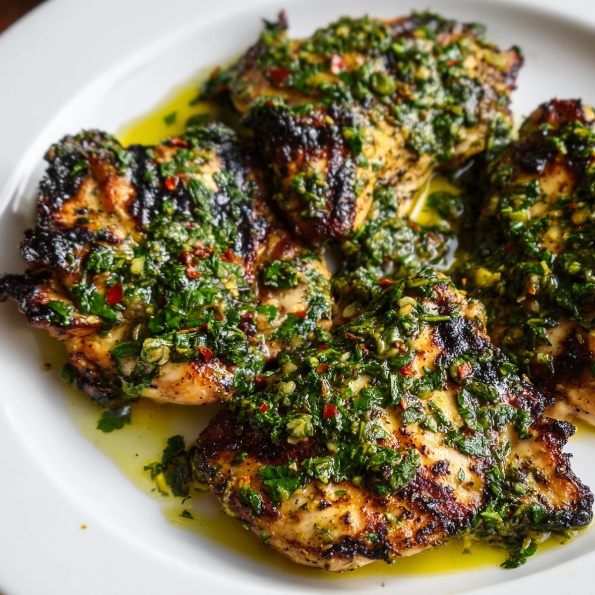 Golden grilled chimichurri chicken thighs topped with vibrant green herb sauce  