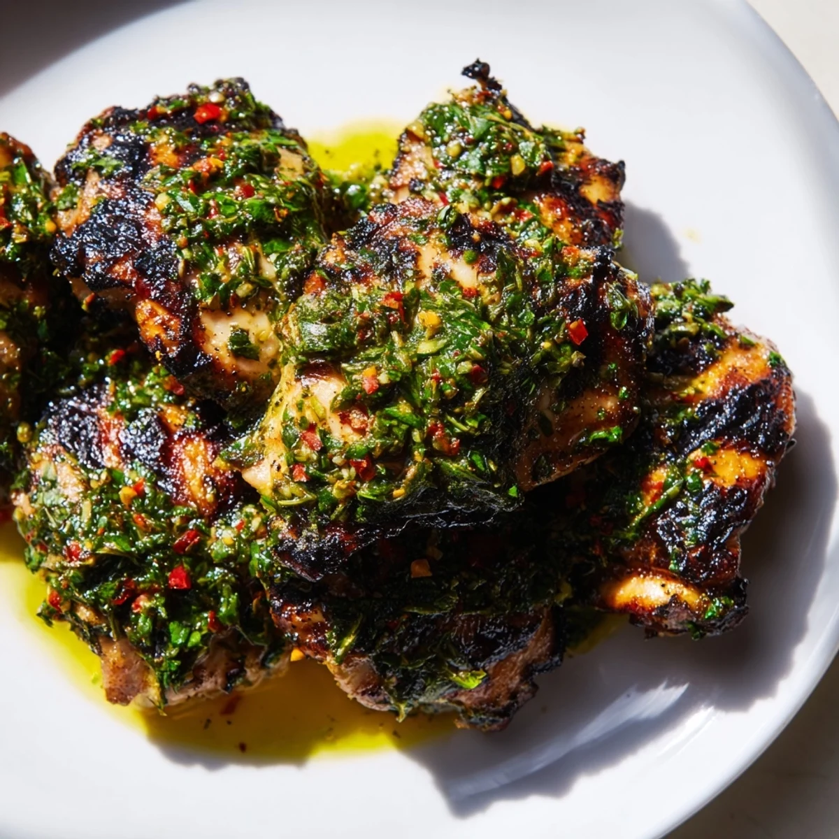Savory chimichurri chicken thighs served fresh from the grill with zest  