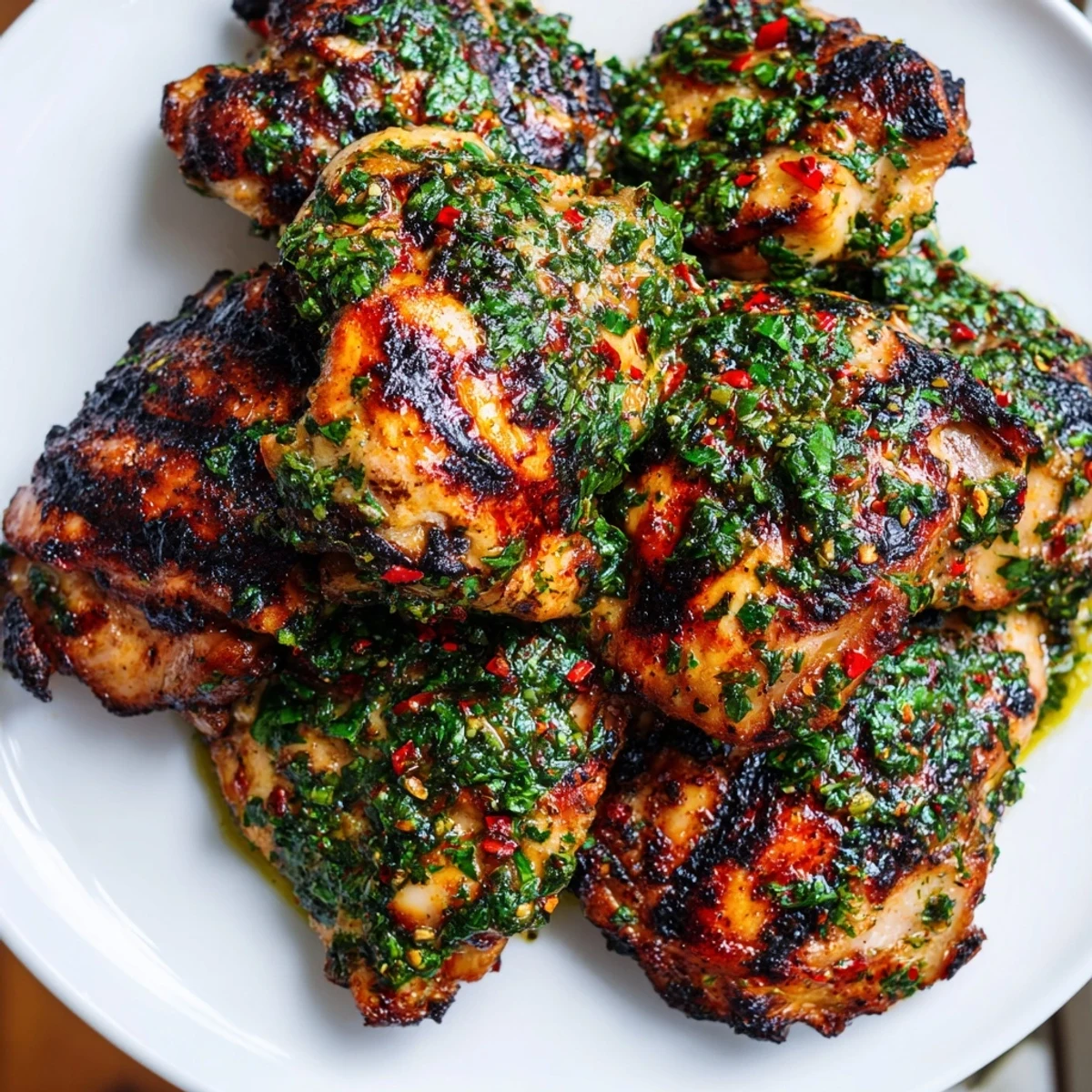Juicy chicken thighs marinated in tangy chimichurri, grilled to golden perfection