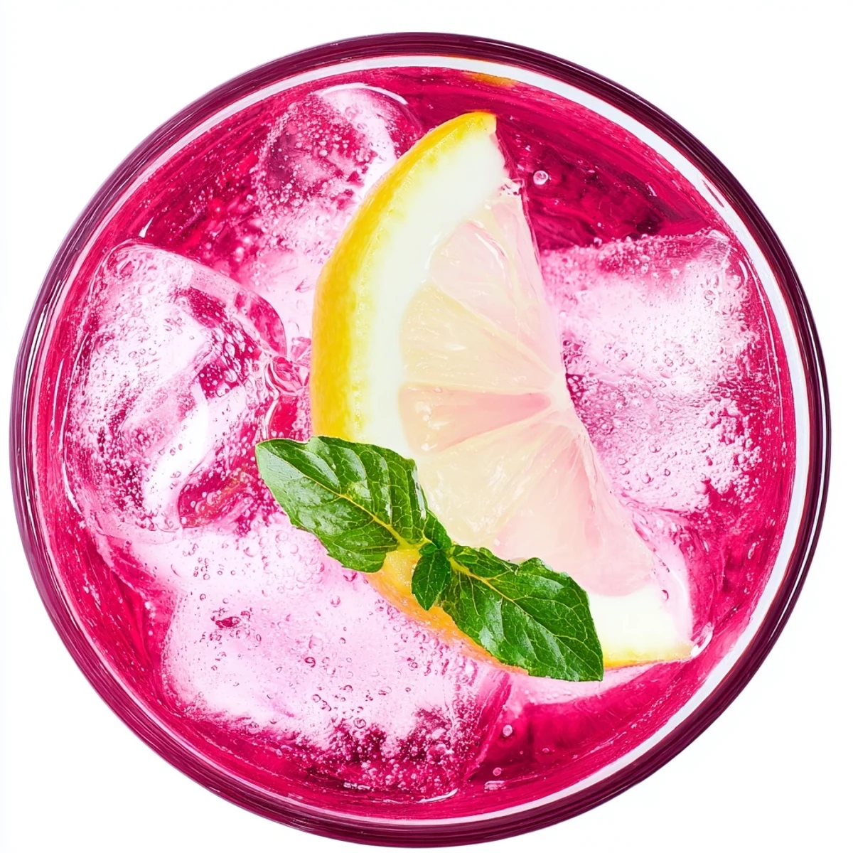 Garnished glass of refreshing honey lemon pink soda with ice and mint.  