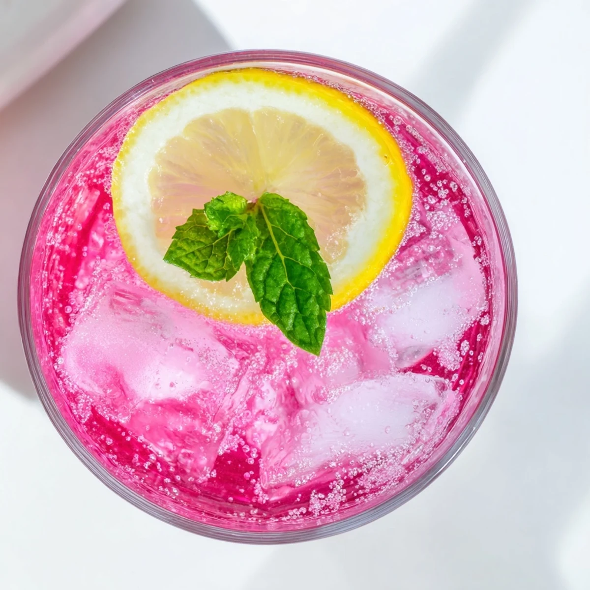 Vibrant honey lemon pink soda served chilled with lemon slices on the rim.  