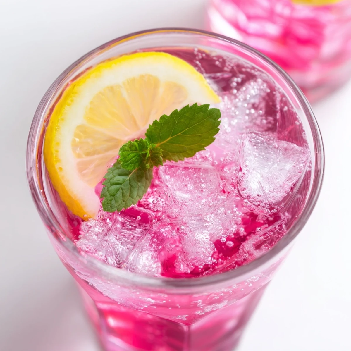 Effervescent honey lemon pink soda in a glass with bubbling sparkling water.