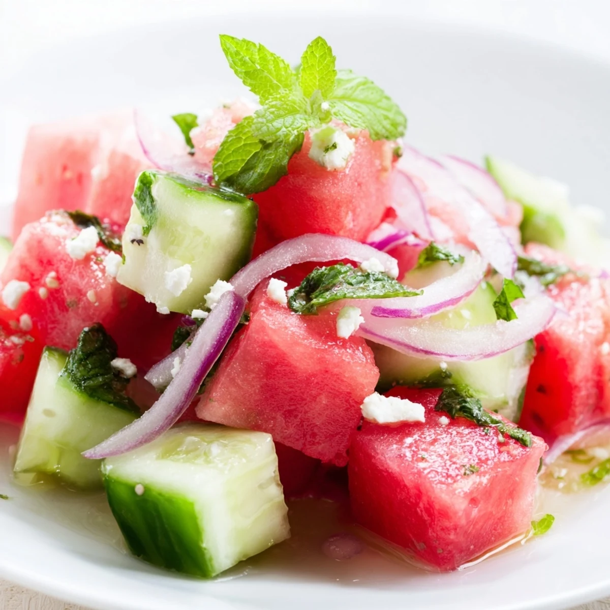 Fresh watermelon cucumber salad with mint and tangy lime dressing.  