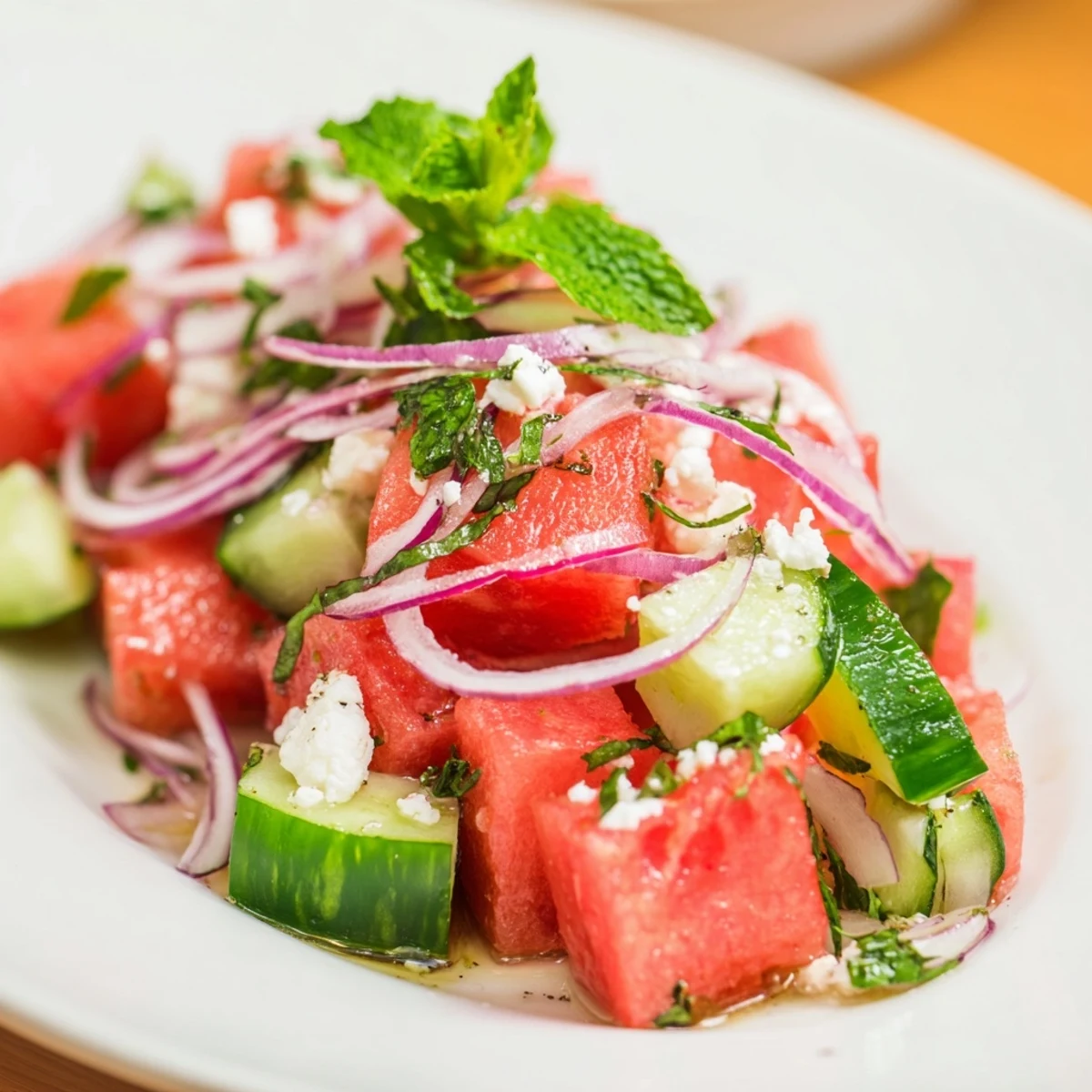 Crisp watermelon cucumber salad in a bowl topped with feta cheese.  