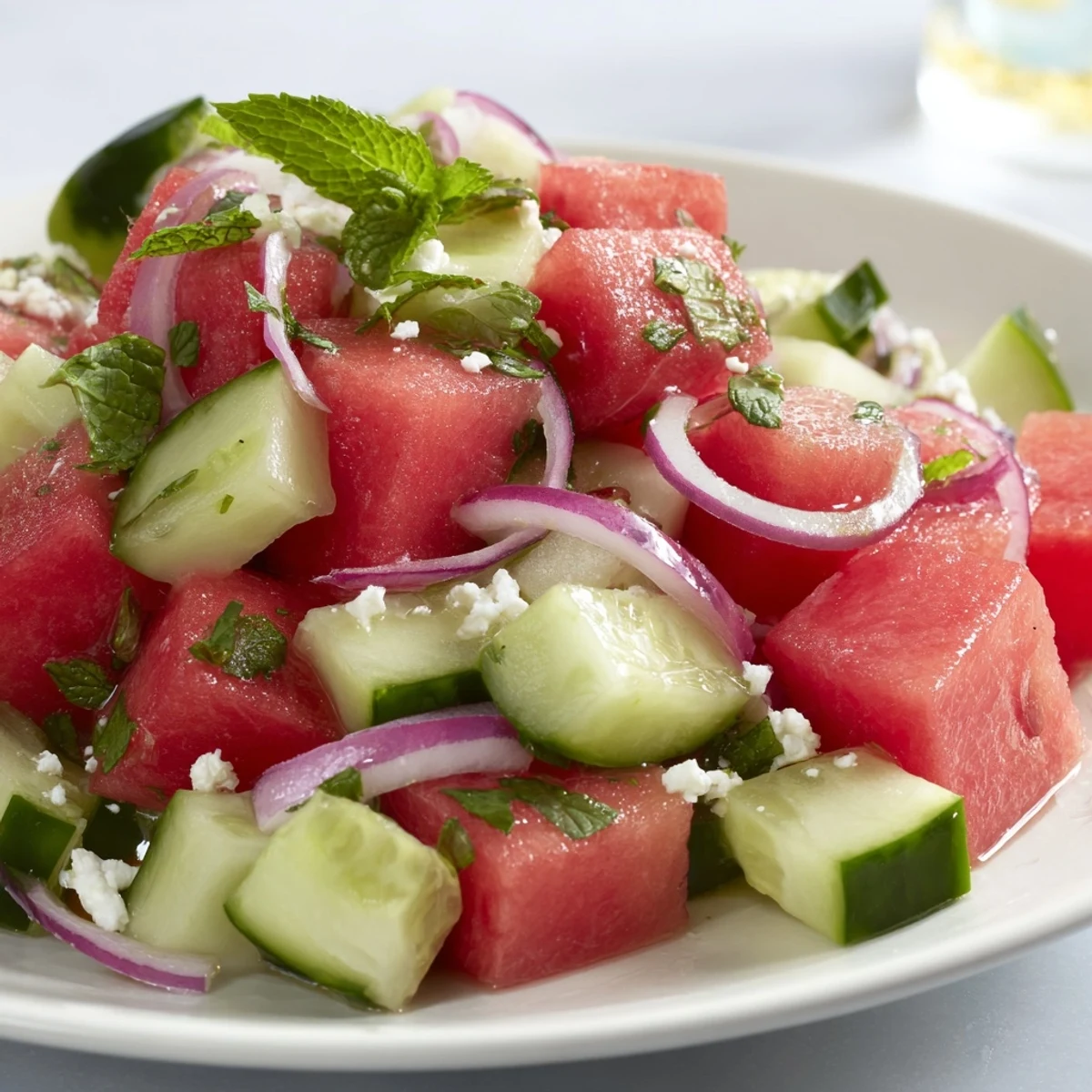 Juicy watermelon and cucumber salad drizzled with lime, ready to serve.
