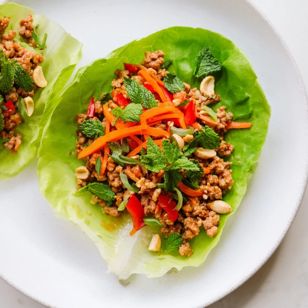 Savory Thai chicken lettuce wraps filled with herbs and crisp vegetables.  