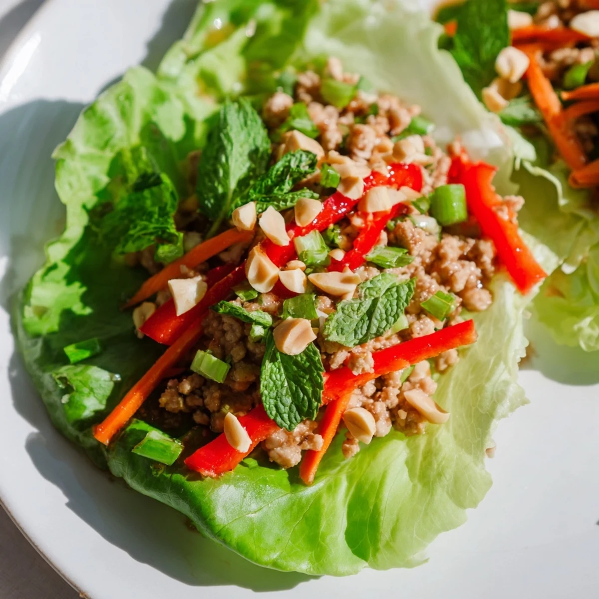 Colorful Thai chicken lettuce wraps garnished with mint, cilantro, and lime.