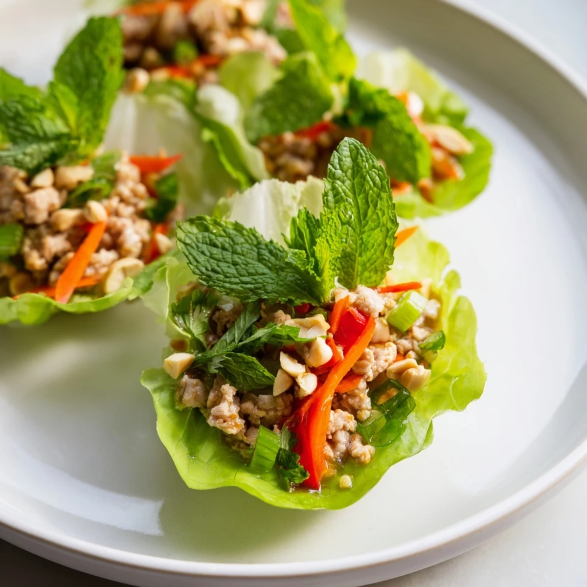 Fresh butter lettuce cups topped with spiced chicken and crunchy peanuts.  